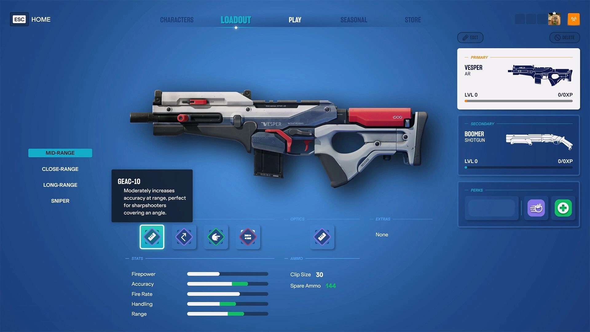 Heart Electric: Weapon loadout screen featuring Vesper AR and Boomer shotgun with detailed stats displayed