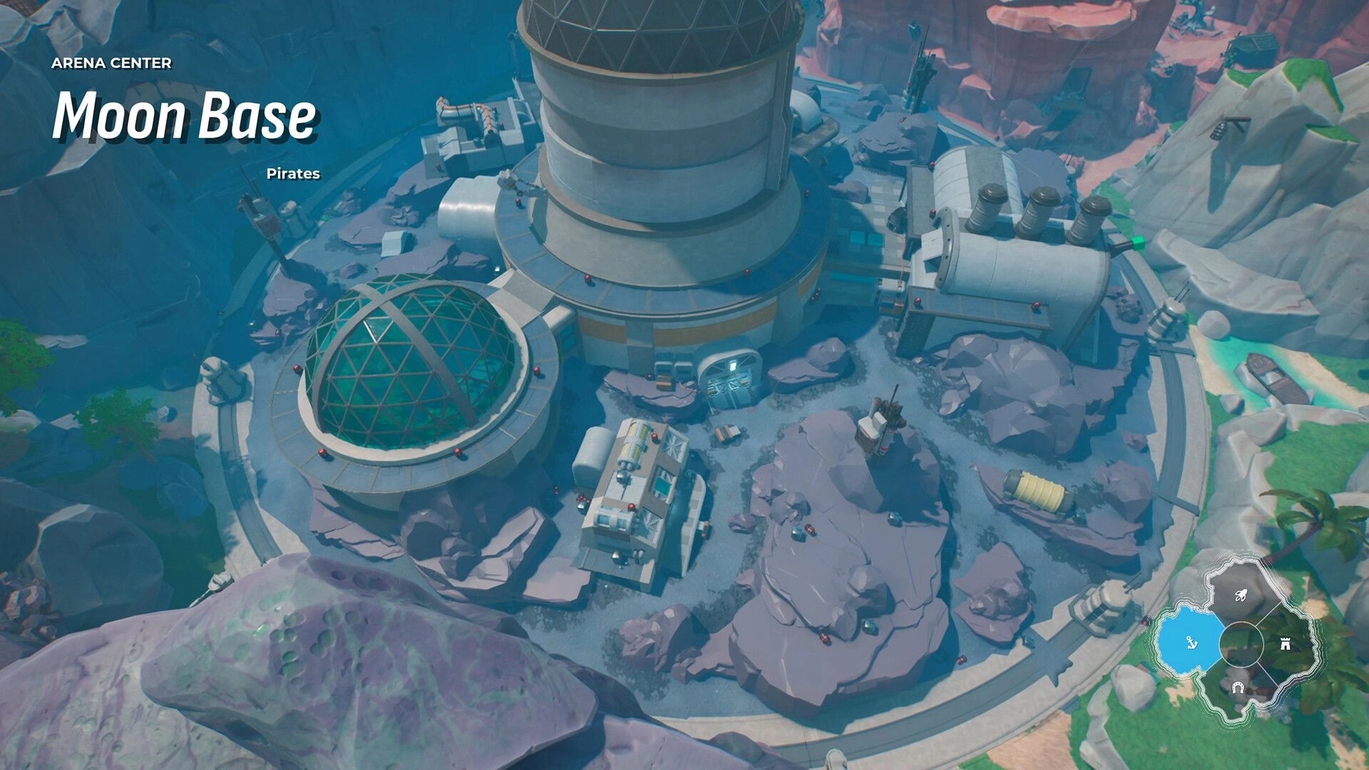 Heart Electric: Overhead view of Moon Base arena with structures, rocks, and a mini-map in the corner.