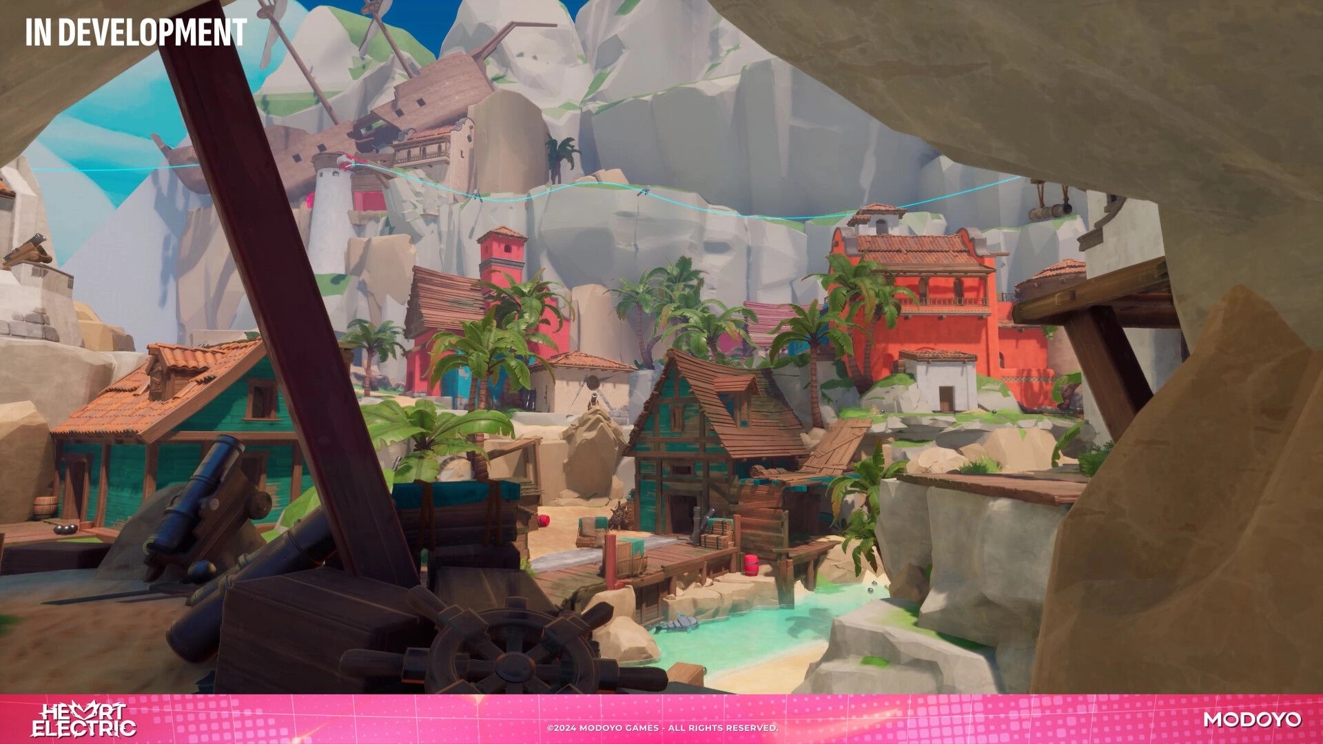 Heart Electric: Vibrant coastal village with colorful buildings and windmills nestled in rocky cliffs