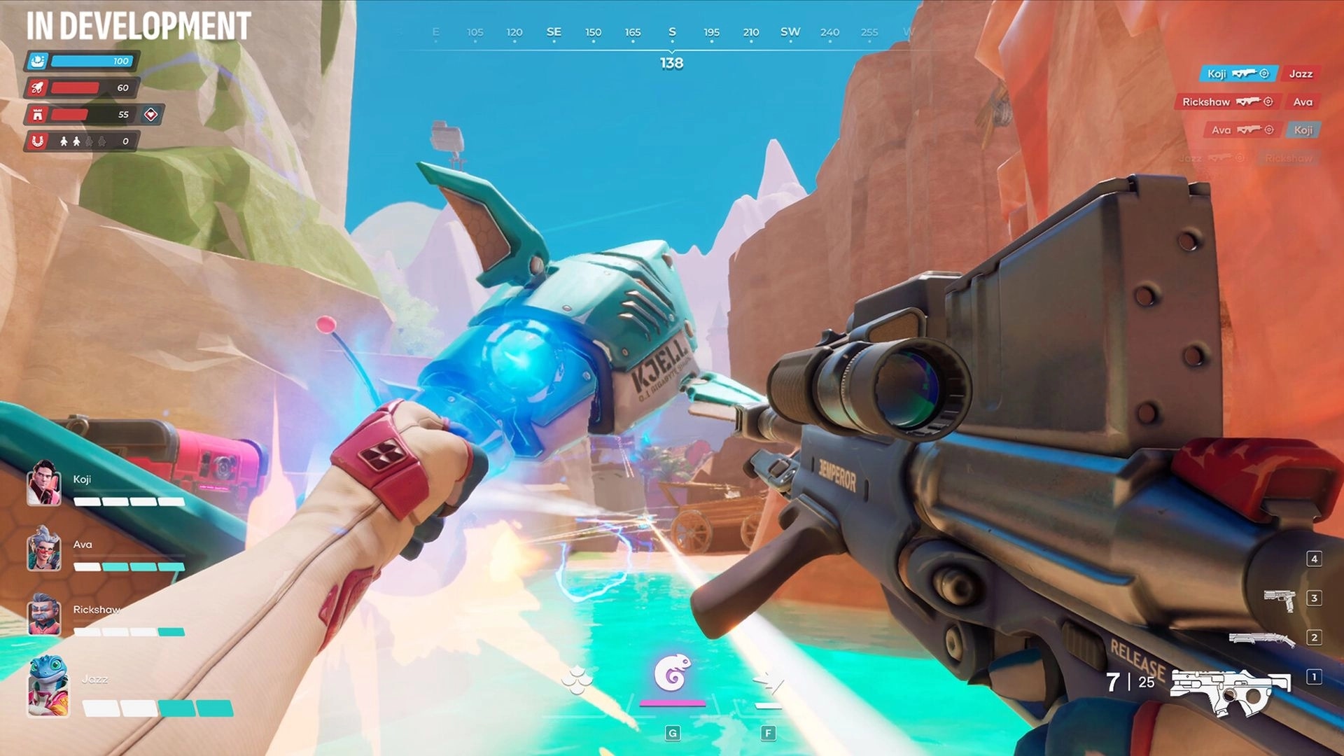 Heart Electric: First-person view with player wielding futuristic weapon in canyon environment