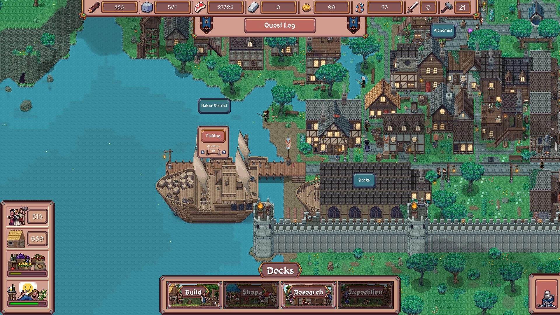 Hearth and Hamlet: Harbor docks with ship and fishing workers UI, town buildings and quest log overhead.