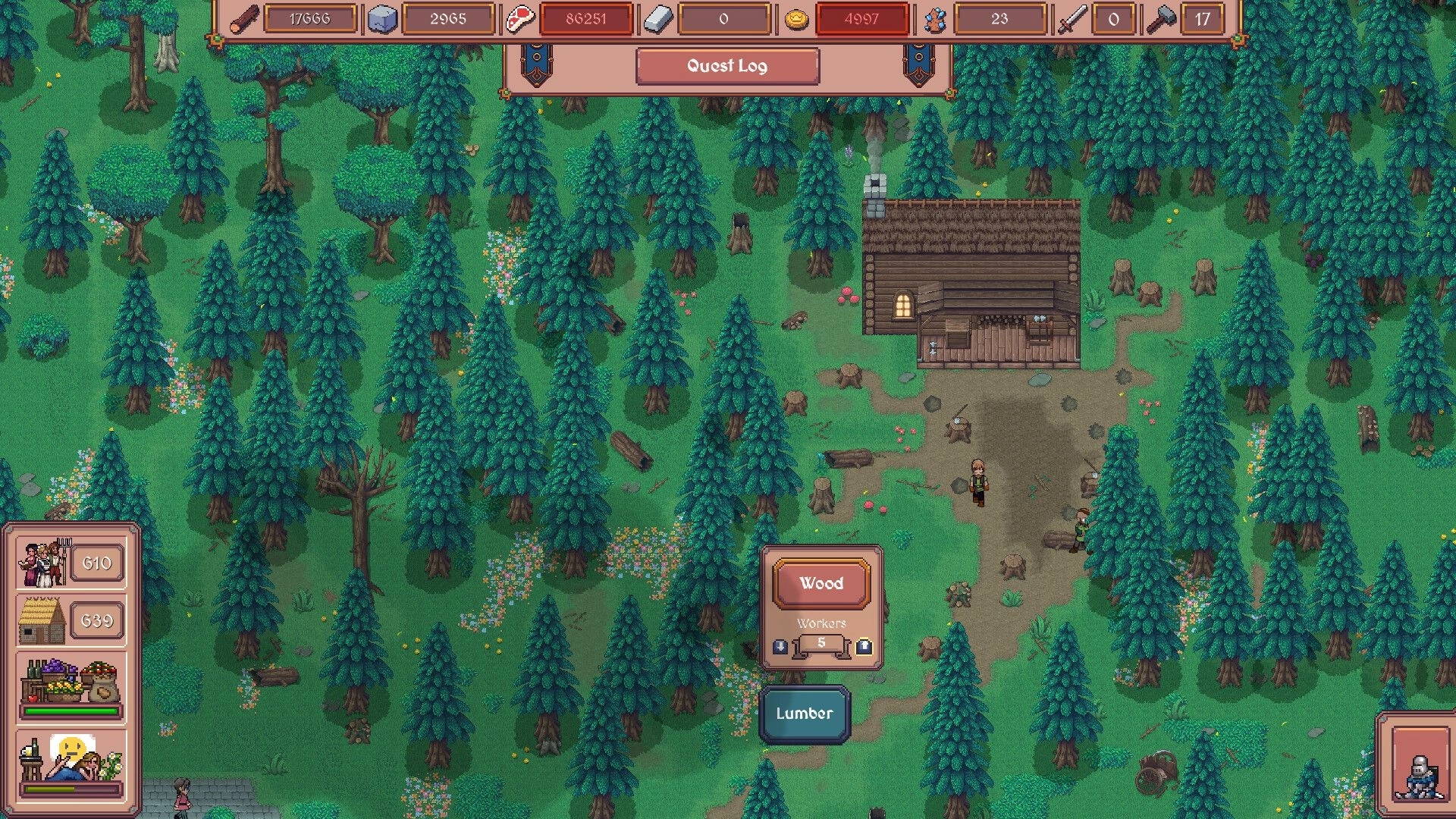 Hearth and Hamlet: Lumber woodcutting panel open near a cabin clearing in dense forest with workers UI.