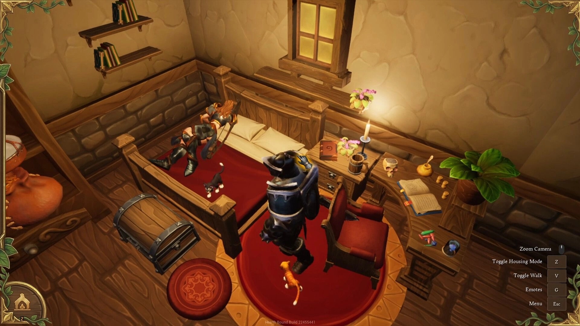 Hearth Bound: Two players in a cozy bedroom with bed, desk, cats, and housing mode UI prompts.