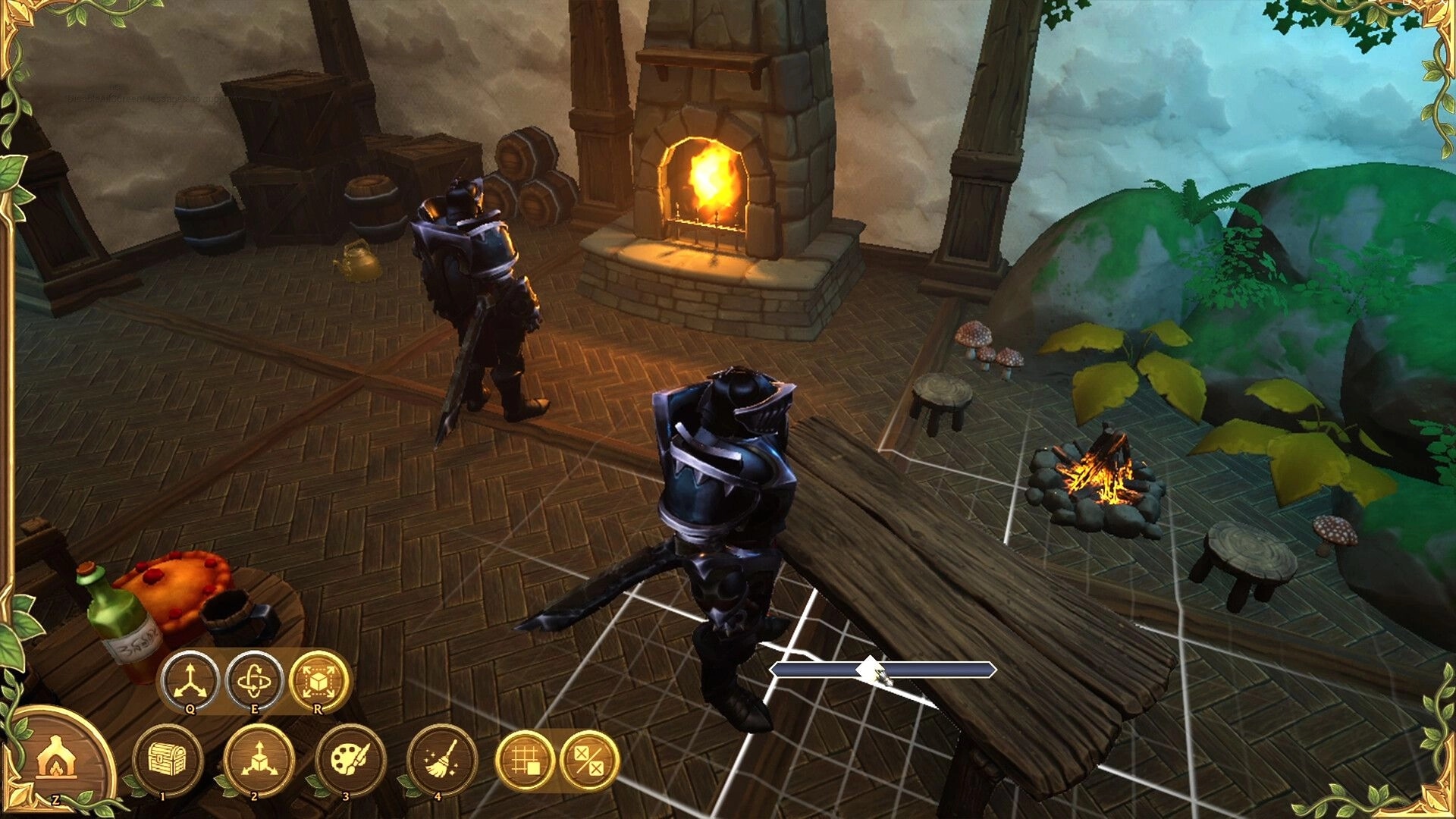 Hearth Bound: Two armored players place a wooden table on grid inside a cozy cabin with fireplace.