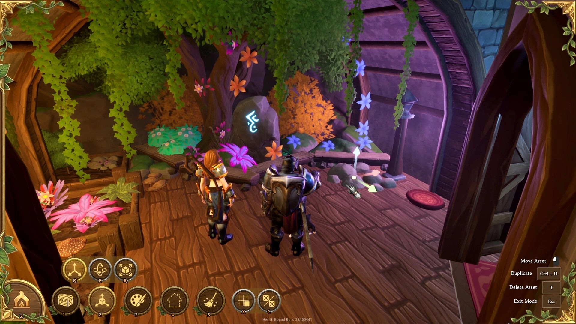Hearth Bound: Two players editing decor beside a rune stone in a leafy wooden room, build UI open.