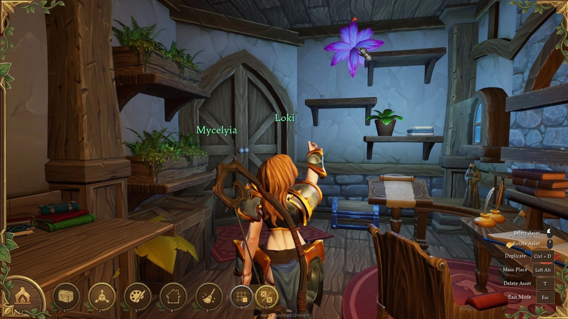 Hearth Bound: Loki places a glowing purple flower lamp in a cozy study room with build UI icons.