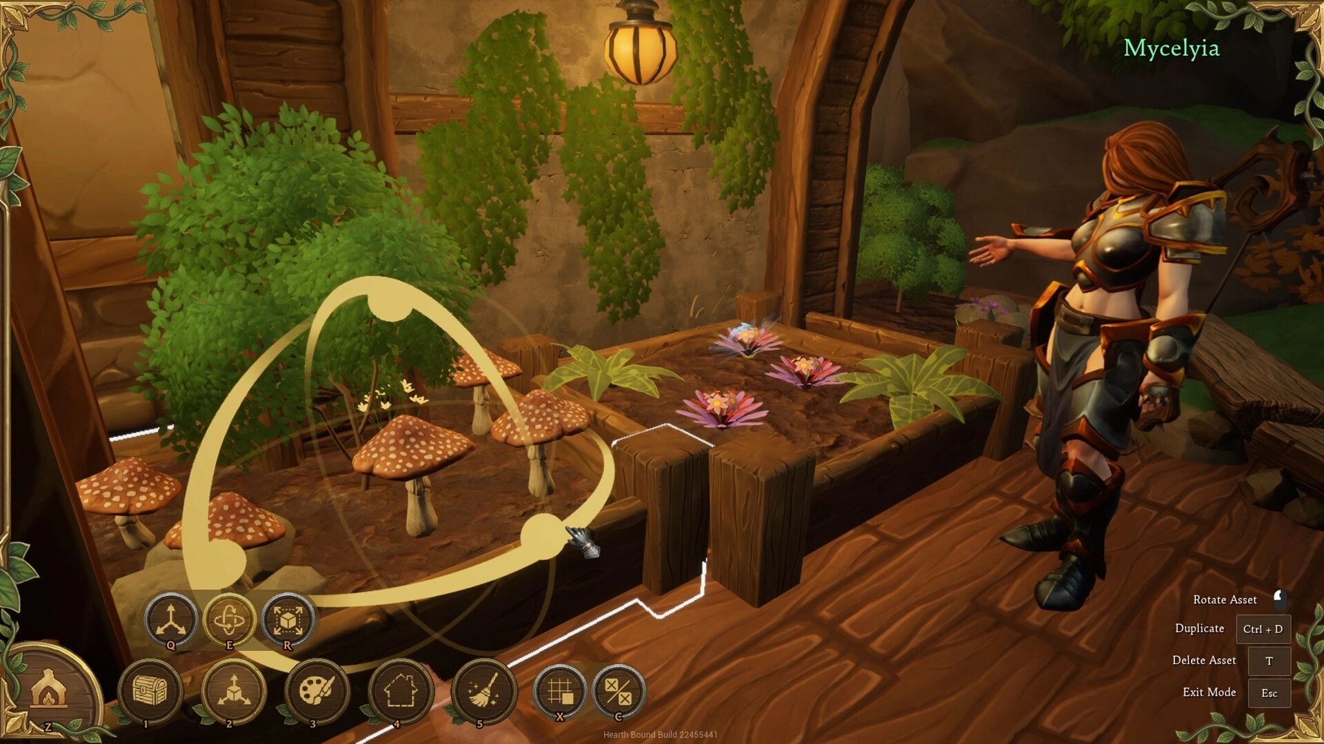 Hearth Bound: Rotating mushroom decor in planter beds beside an armored avatar in Mycelyia room UI.