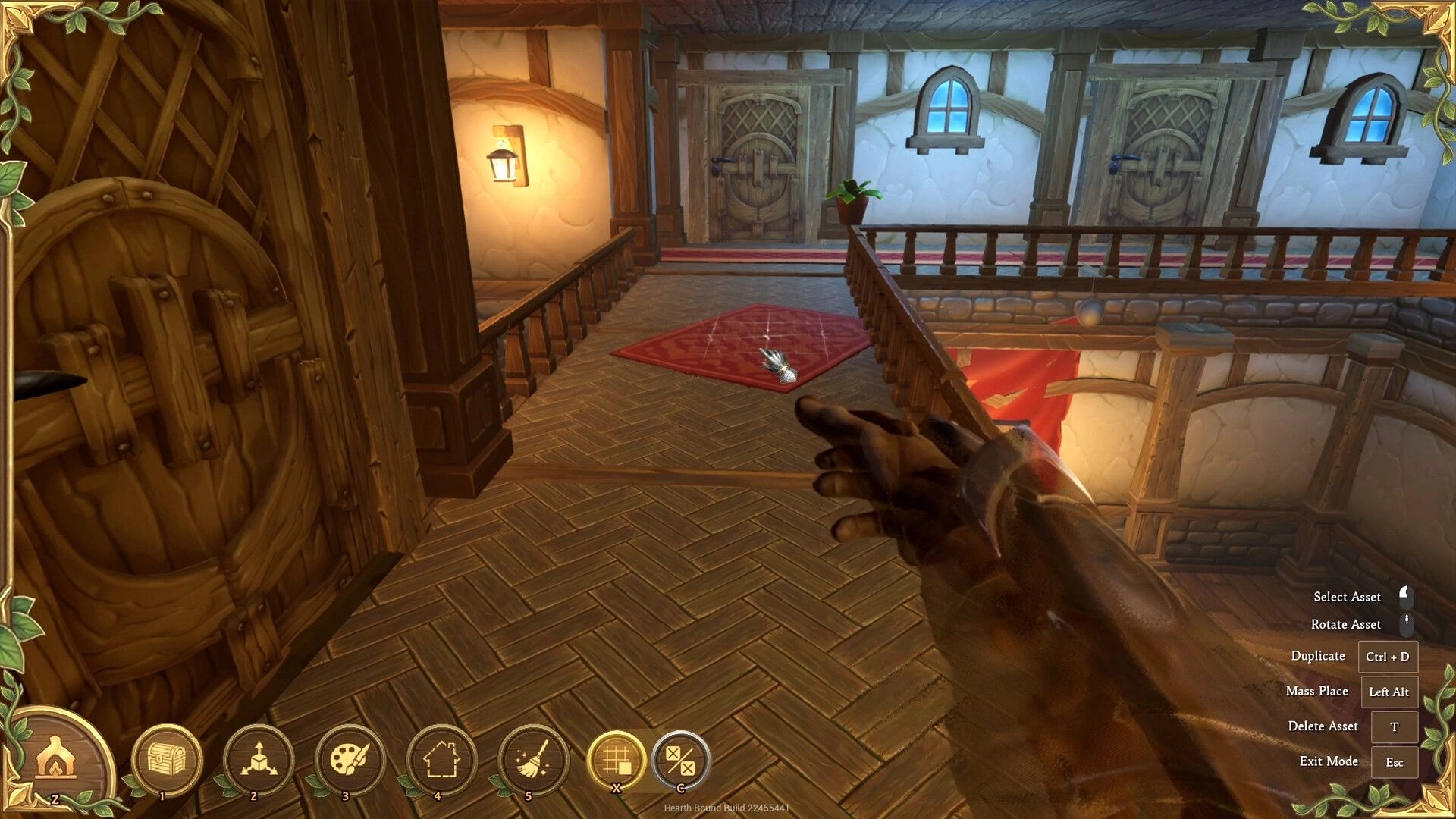 Hearth Bound: First-person building mode placing a red rug on an upstairs wooden hallway balcony interior.