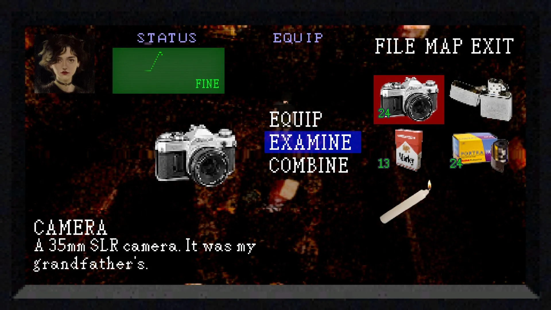 Heartworm: Inventory screen featuring a 35mm SLR camera with equip, examine, and combine options.