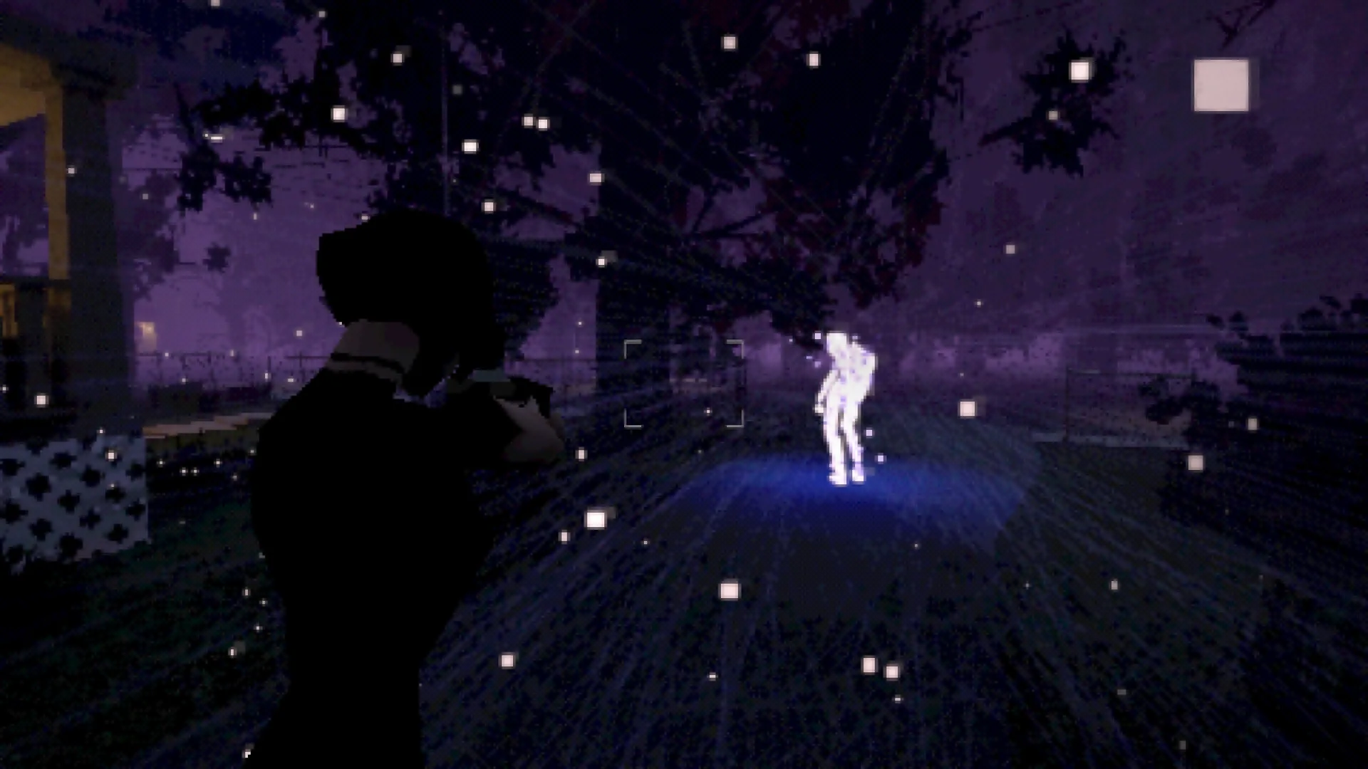 Heartworm: Player aims camera at glowing figure in eerie, purple-lit outdoor setting with pixel effects