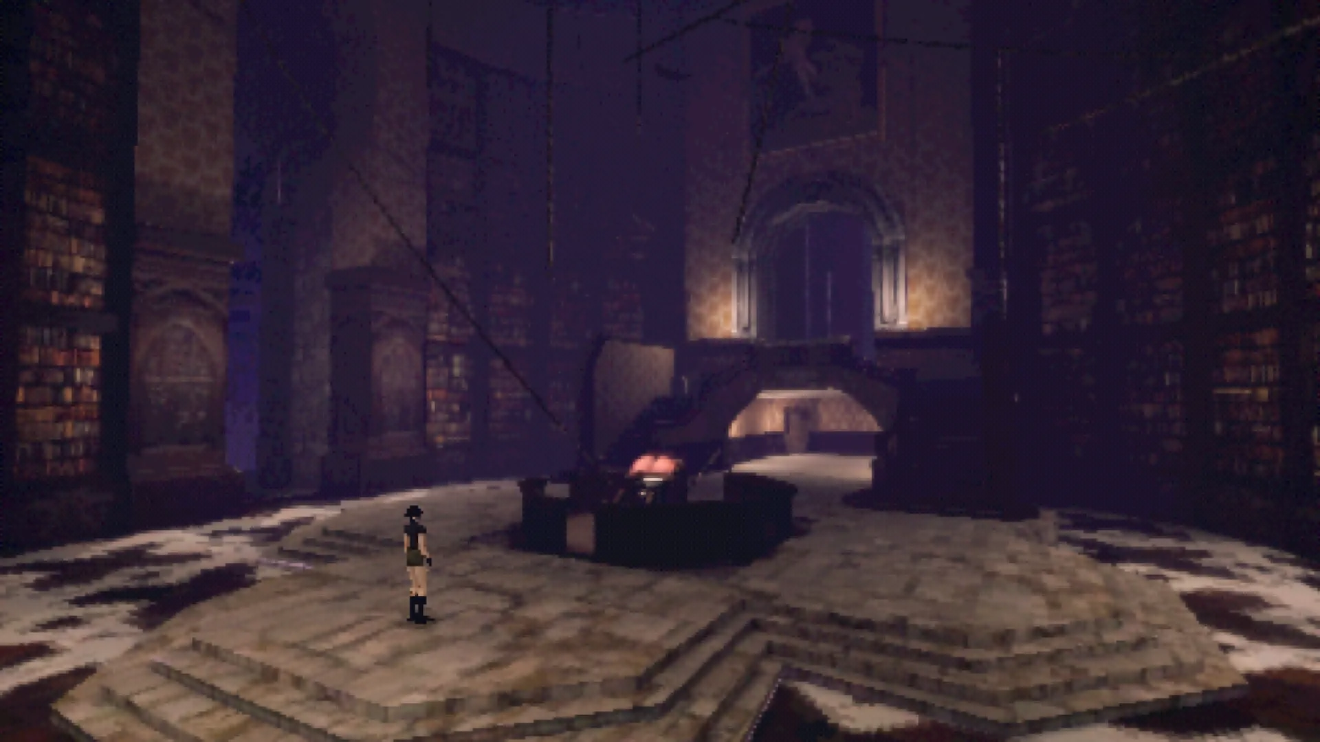 Heartworm: Character stands in a dimly lit library with towering bookshelves and grand staircase