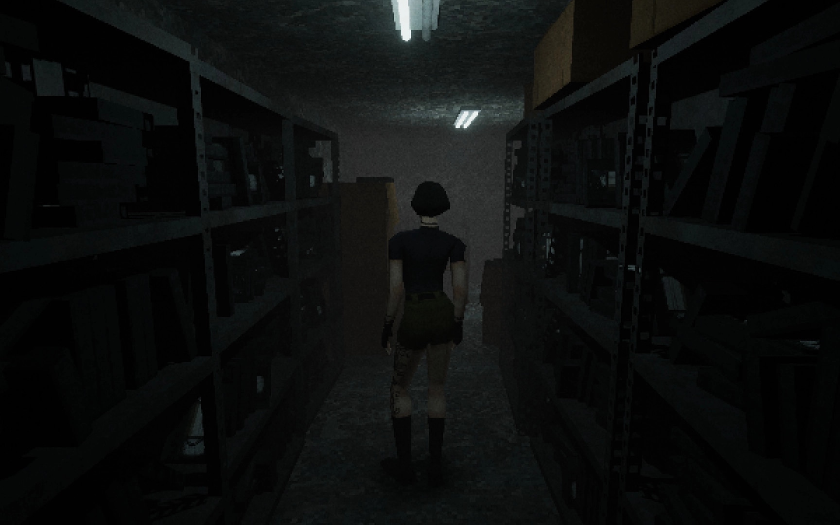 Heartworm: Character explores a dimly lit storage room with shelves lining the narrow corridor.