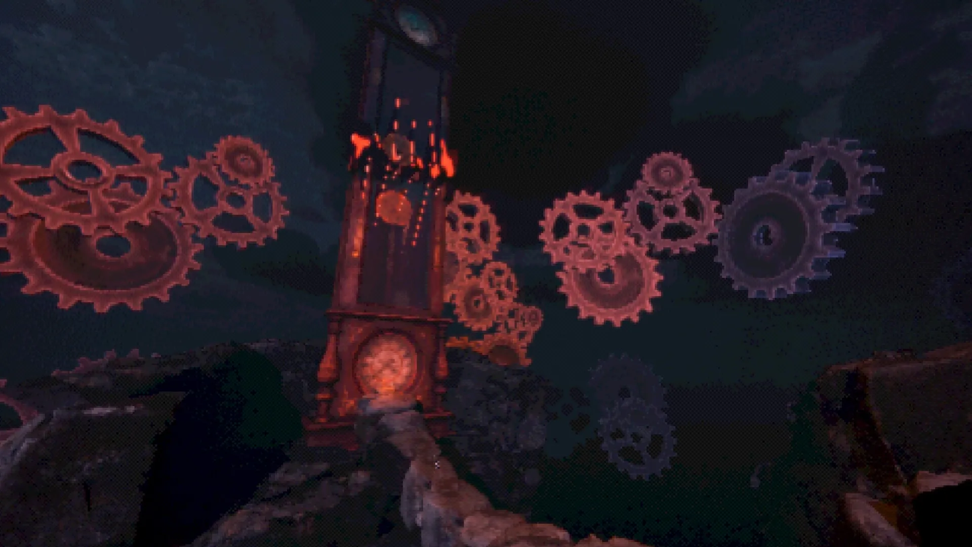 Heartworm: Large clock tower surrounded by glowing gears in a dark, mysterious cave environment