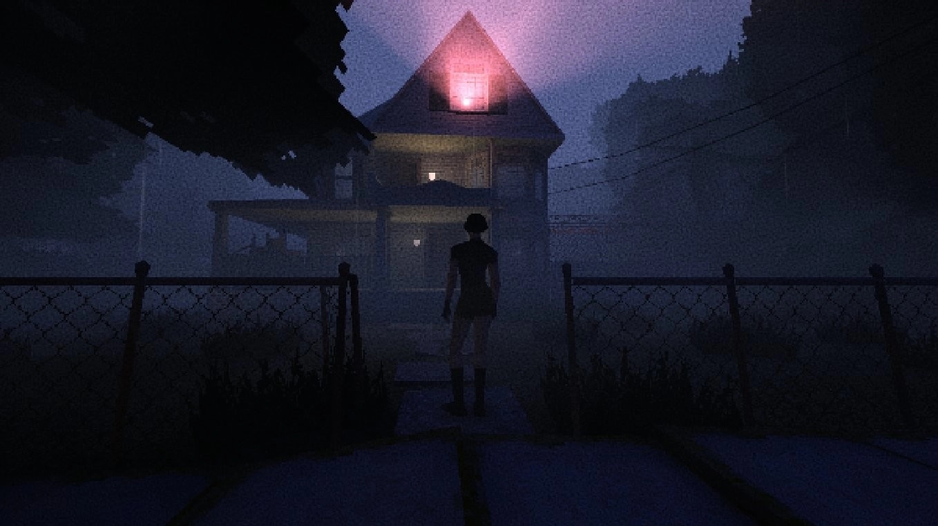 Heartworm: Character approaches eerie, illuminated house in foggy, shadowy nighttime environment.