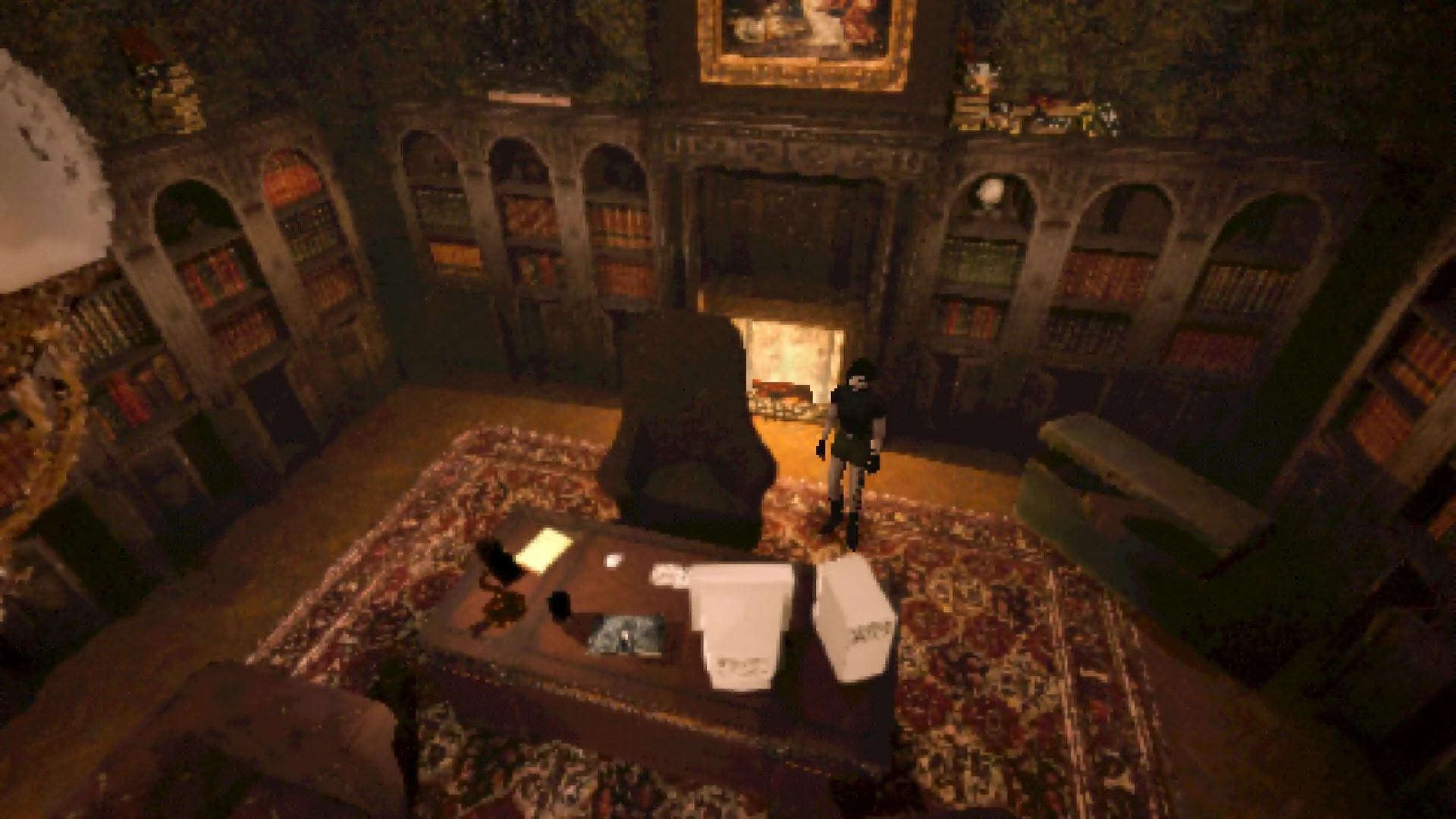 Heartworm: Character stands in a dimly lit library, surrounded by shelves and a fireplace.