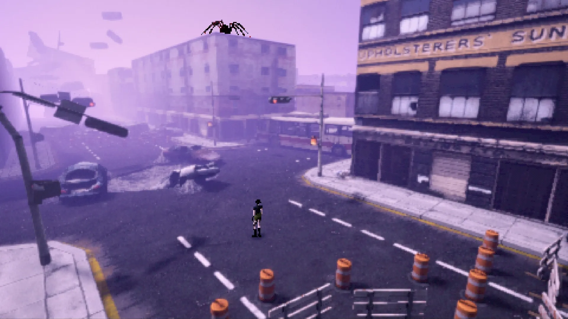 Heartworm: Character stands in a deserted city intersection as a giant spider looms on a rooftop