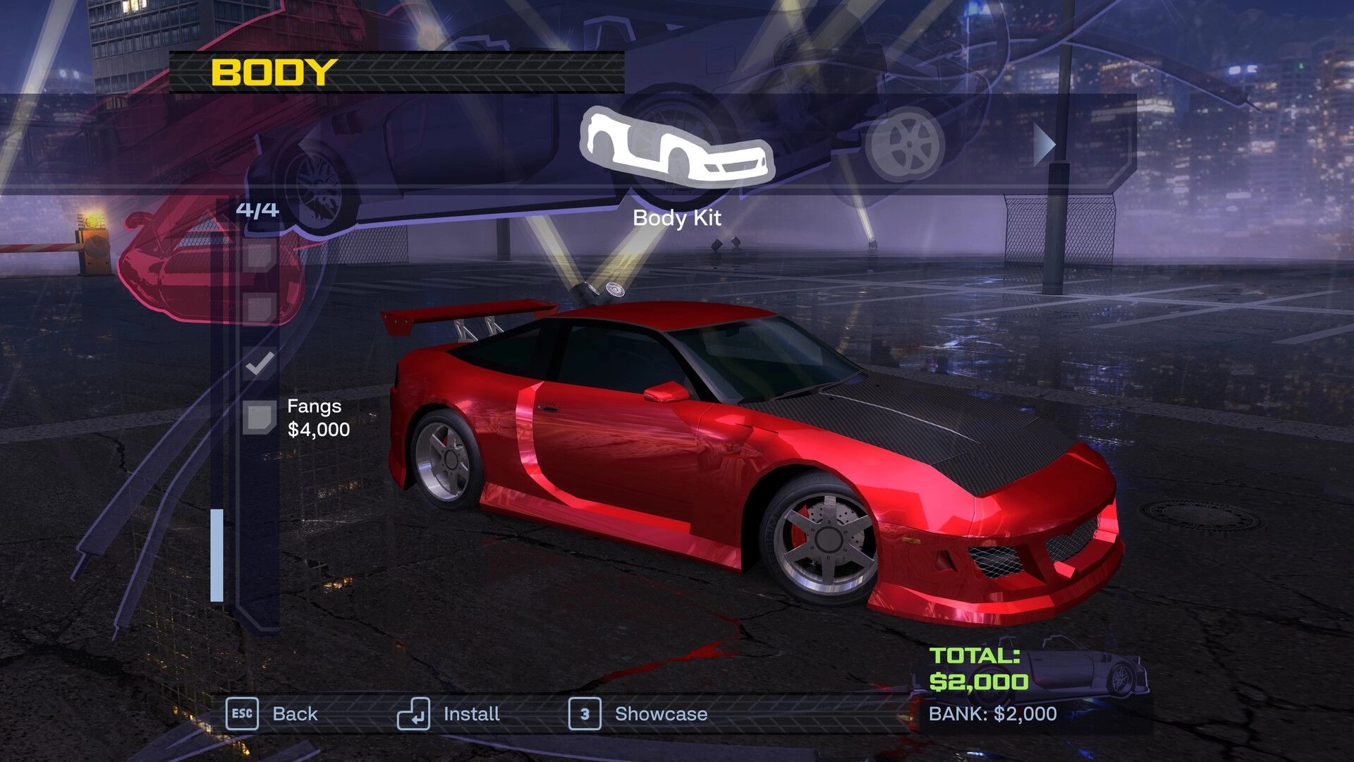 Heatwarped: Body customization menu installing body kit on red sports car in rainy city rooftop lot.