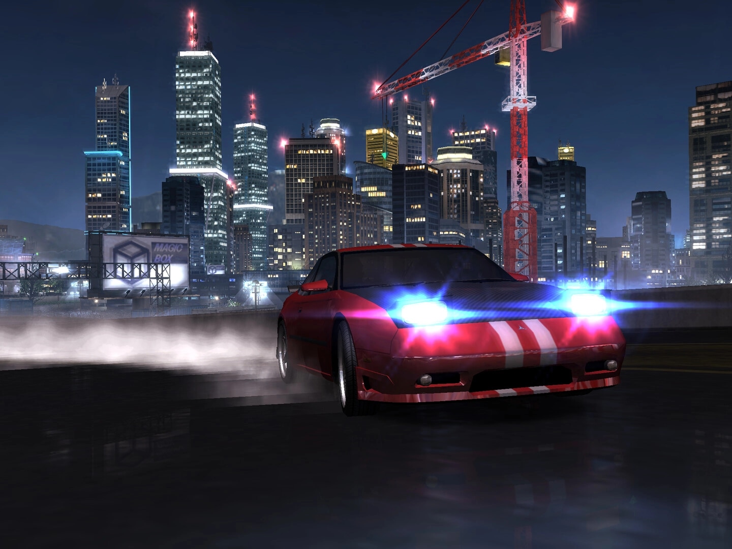 Heatwarped: Red striped sports car drifting with blue headlights on wet street, city skyline at night.