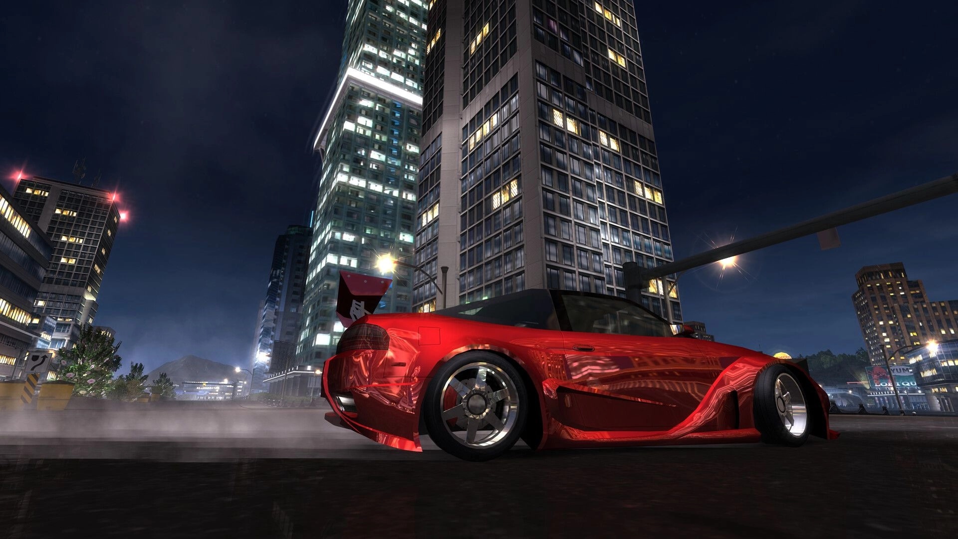 Heatwarped: Low-angle view of a red sports car on wet street at night under towering city lights.