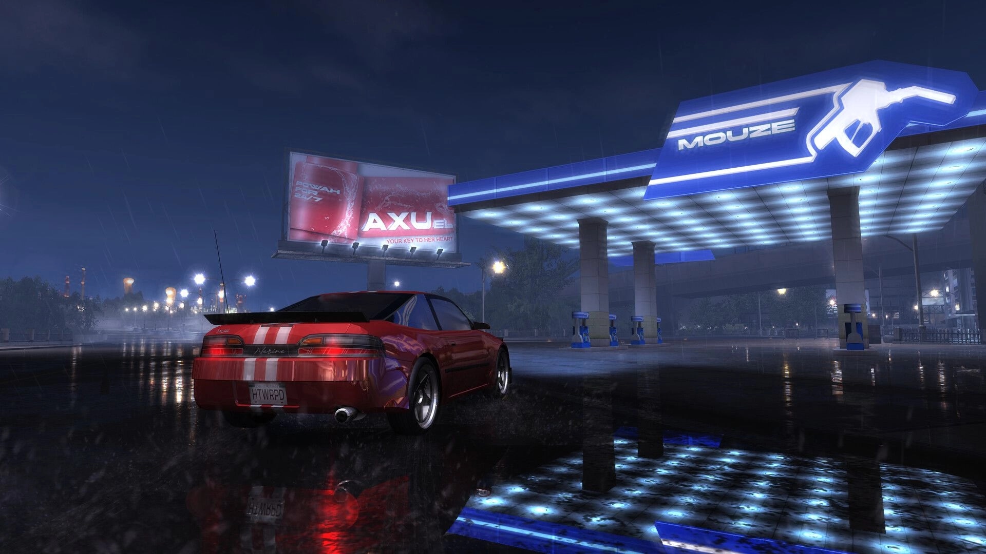 Heatwarped: Red striped sports car parked in rain at MOUZE gas station, neon lights reflecting on wet lot.
