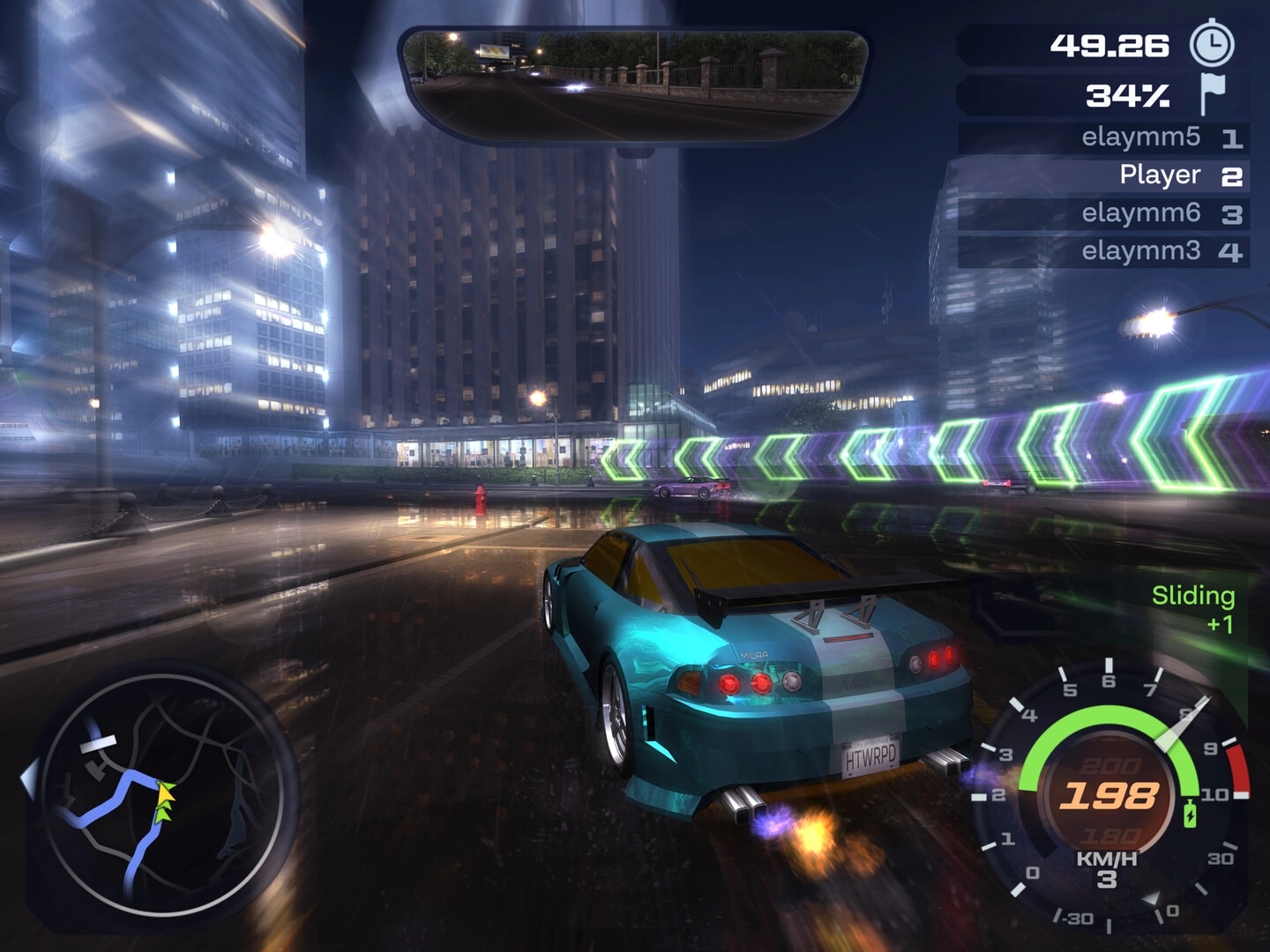 Heatwarped: Car drifting on rainy city corner with neon chevrons, speedometer 198 km/h and leaderboard UI.