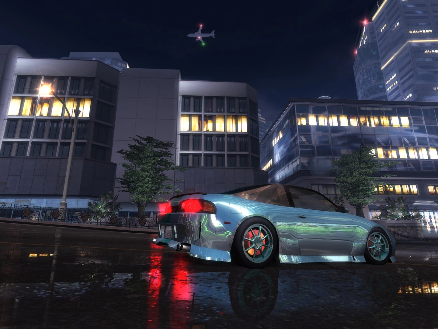 Heatwarped: Customized sports car parked on wet street at night, city towers glowing overhead.