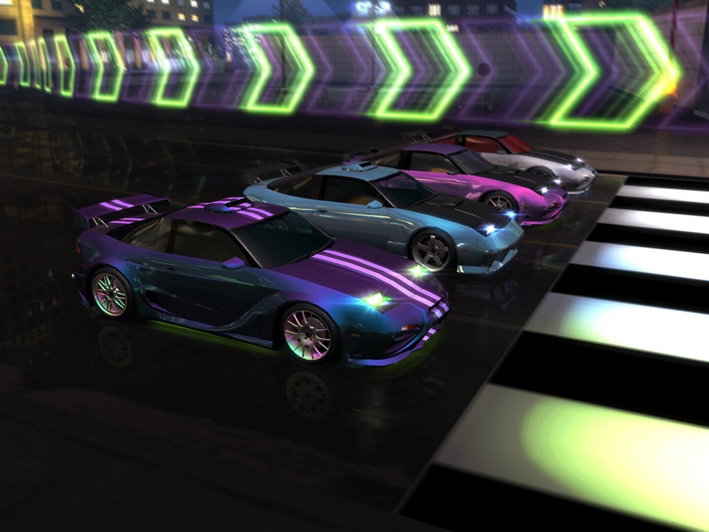 Heatwarped: Three customized sports cars lined up at a checkered start line on a rainy city street.