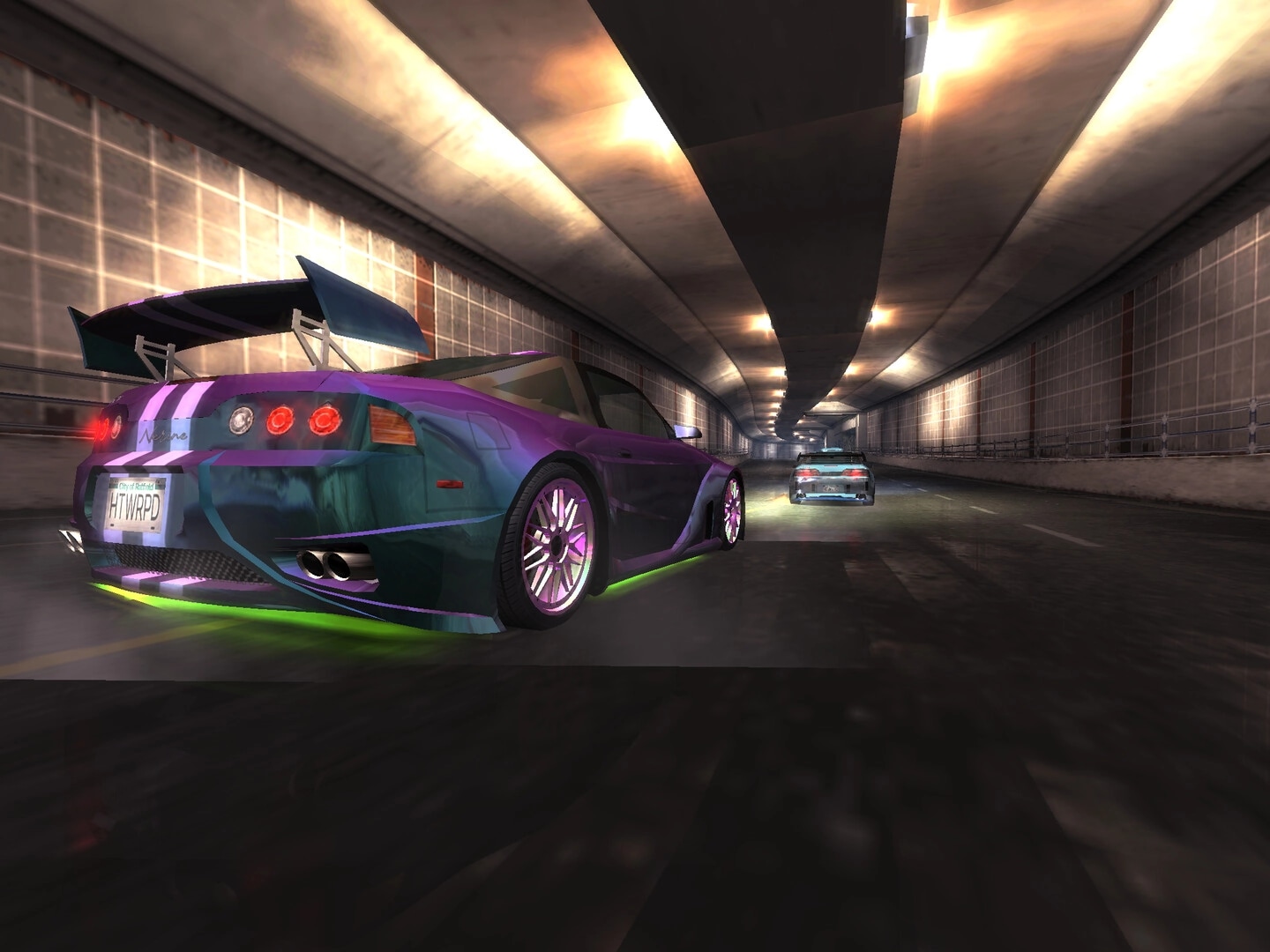 Heatwarped: Purple tuner car with neon underglow chasing a rival through a lit highway tunnel at speed.