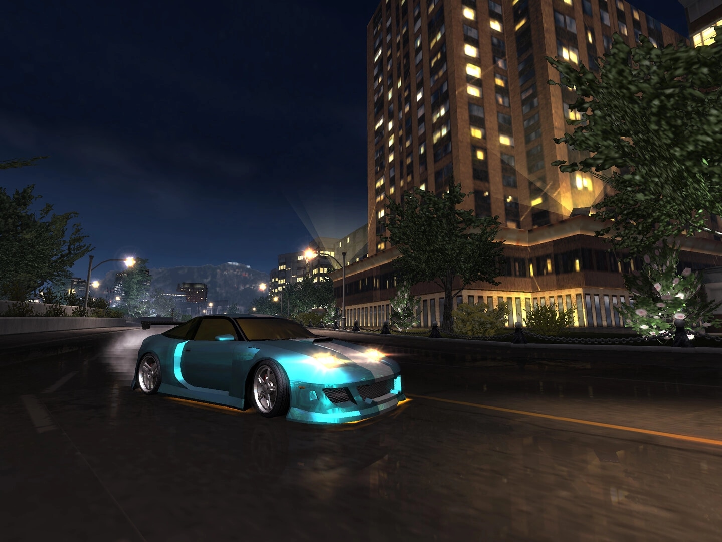 Heatwarped: Teal sports car drifting on rain-slick city street at night beside lit high-rise buildings.