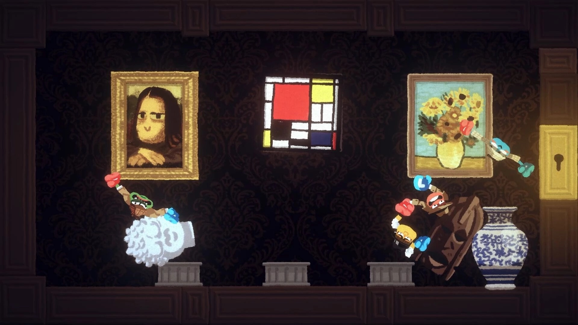 Heave Ho 2: Four players swing and cling to each other past paintings in a dark gallery room.
