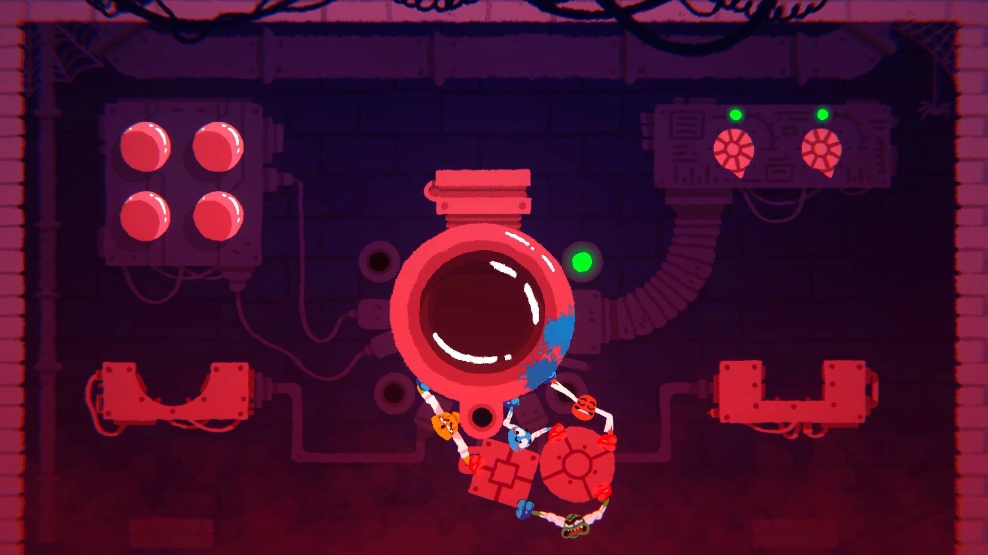 Heave Ho 2: Four players cling to a giant pipe valve, swinging in a dark industrial room.
