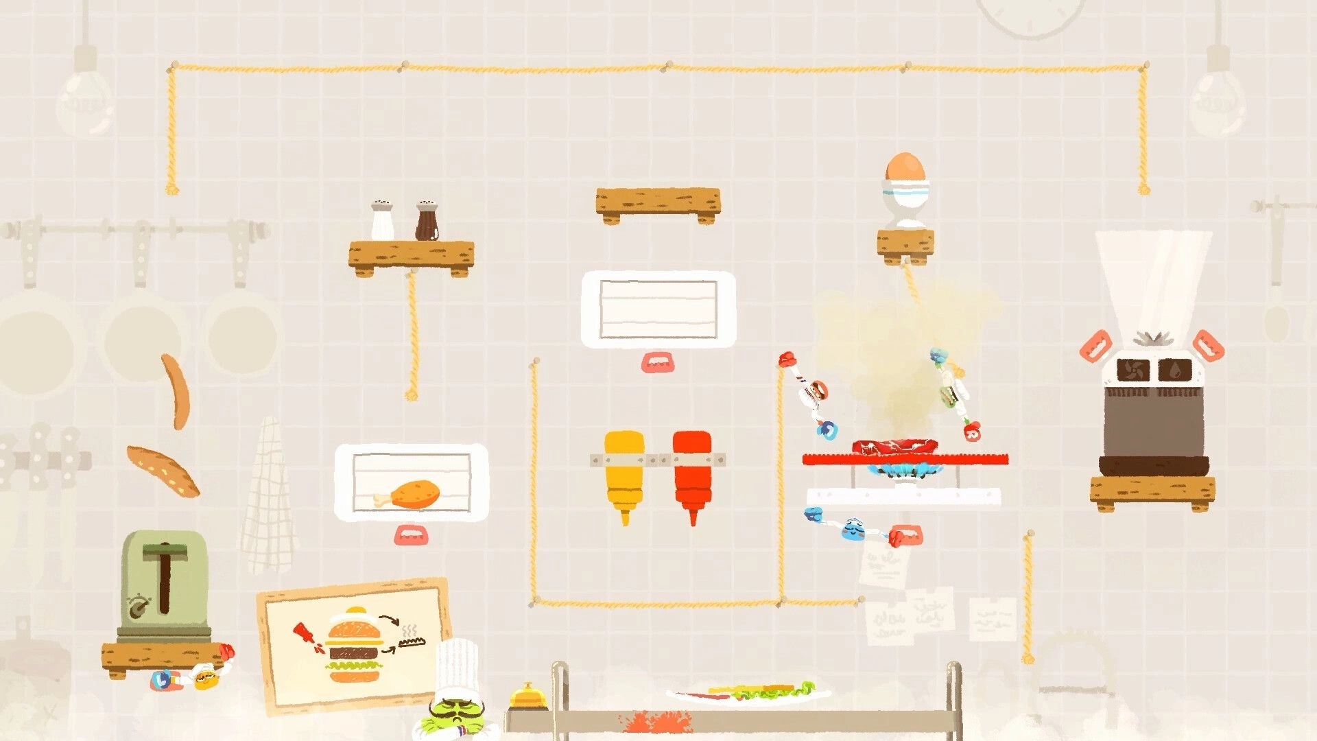Heave Ho 2: Two grabby characters swing past condiment bottles and a blender in a kitchen level.