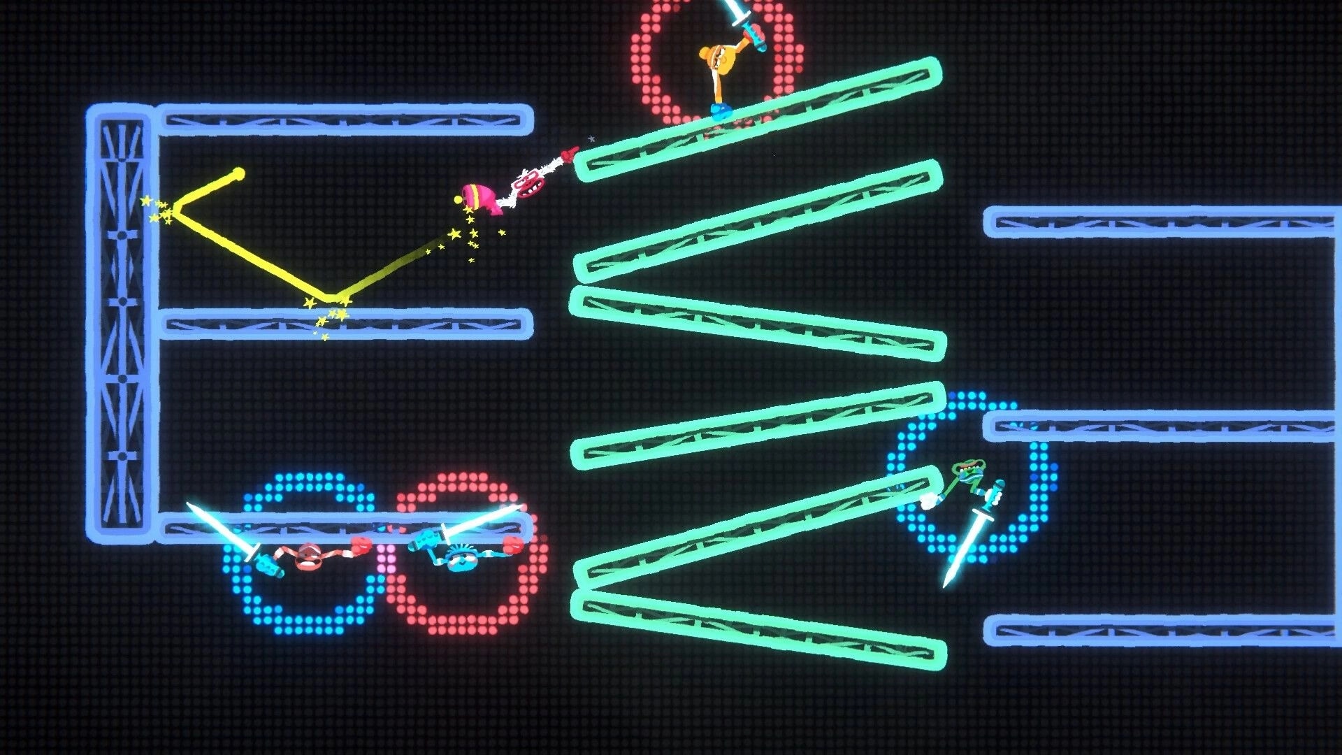 Heave Ho 2: Four stick-figure fighters swing with swords between neon platforms in dark arena.