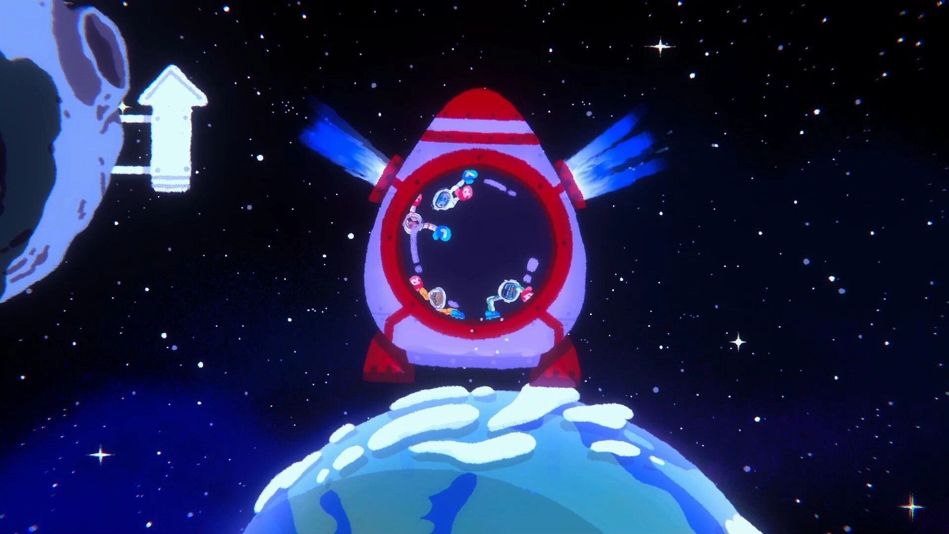 Heave Ho 2: Four players cling inside a red rocket capsule drifting above a blue planet in space.