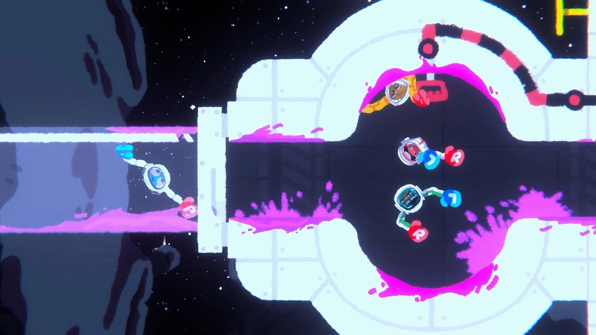 Heave Ho 2: Four astronauts grabbing and swinging across a space station chamber with pink slime pools.