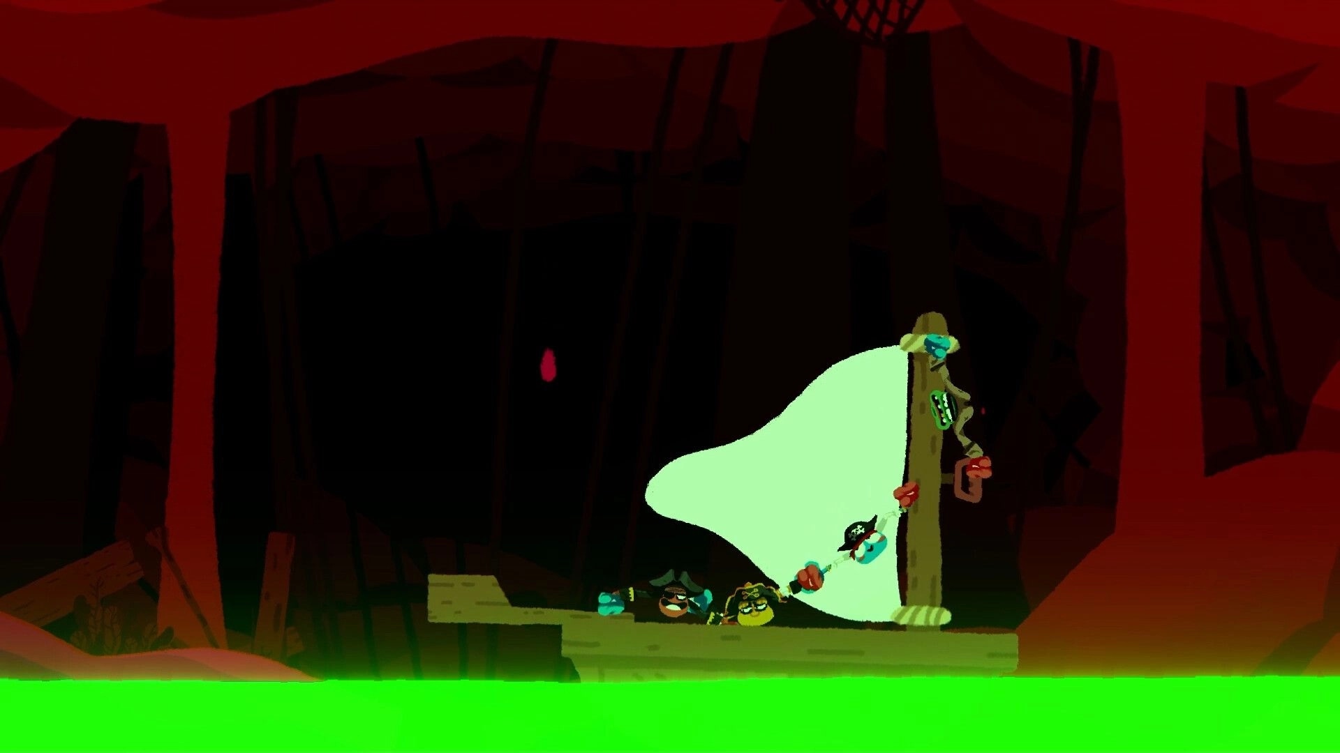 Heave Ho 2: Four floppy characters cling to a tall pole beside slime in a dark cave level.