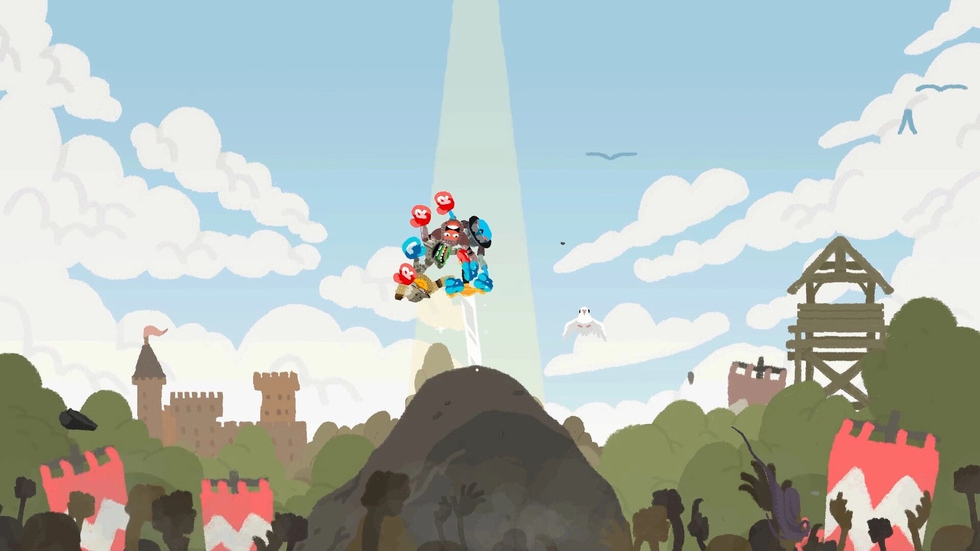 Heave Ho 2: Four players cling together midair above a hilltop beacon in a cloudy castle valley.