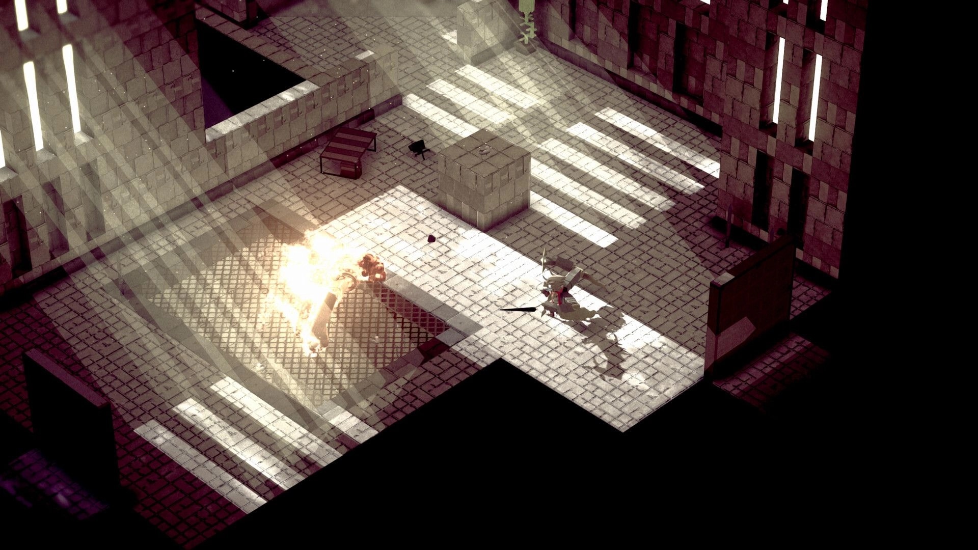 Heaven Crawler: Player in armor battles fiery enemy in a sunlit stone dungeon with scattered debris.