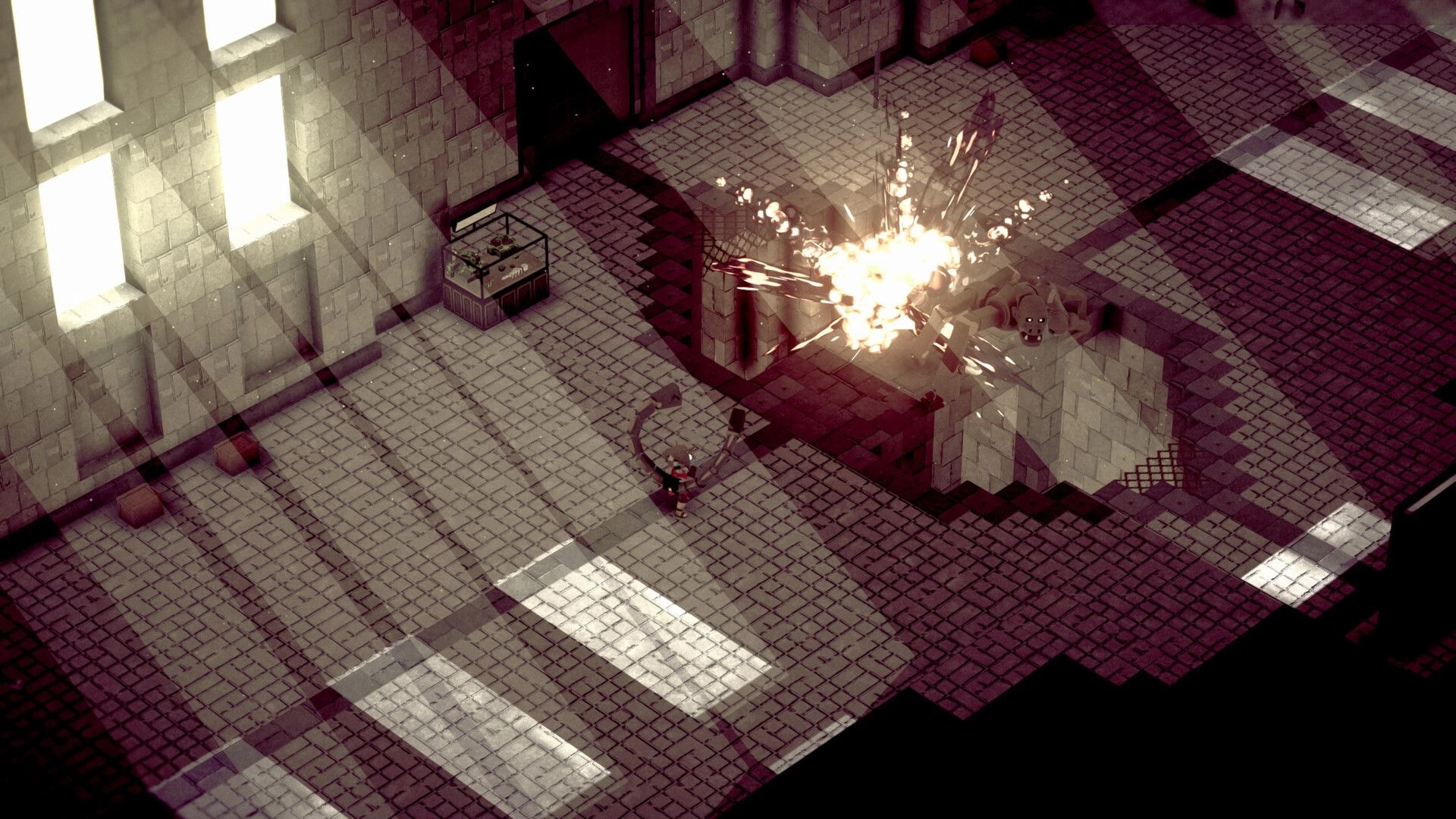 Heaven Crawler: Player character battling enemy near explosion in stone-tiled dungeon hallway