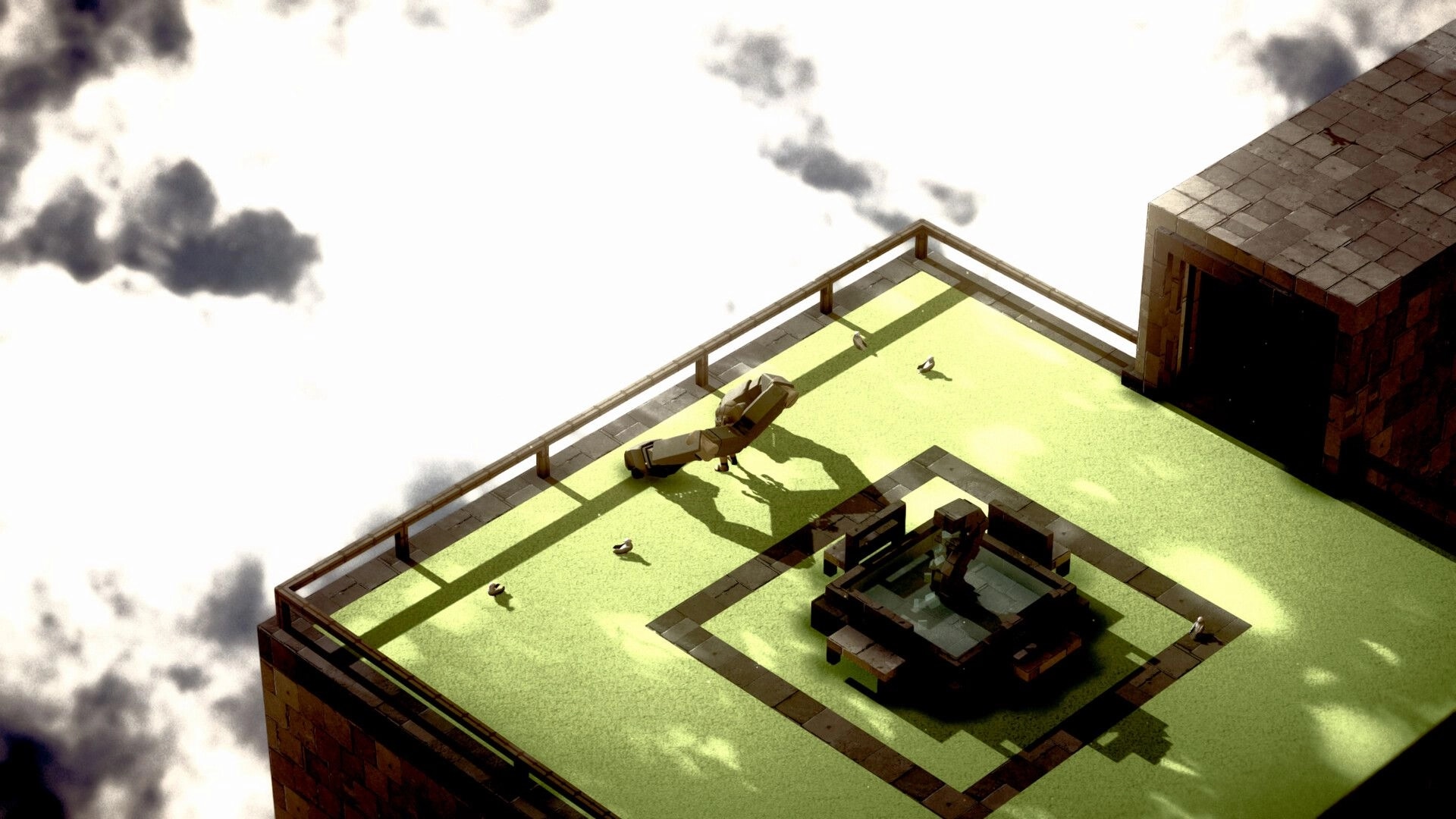 Heaven Crawler: Lone character walks on a bright rooftop platform surrounded by clouds and birds.