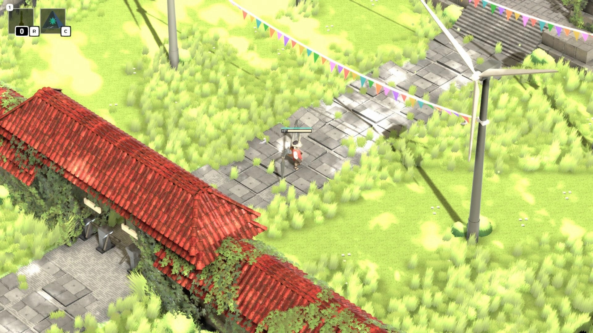 Heaven Crawler: Character walks on stone path past red-roofed building in lush, green garden setting.