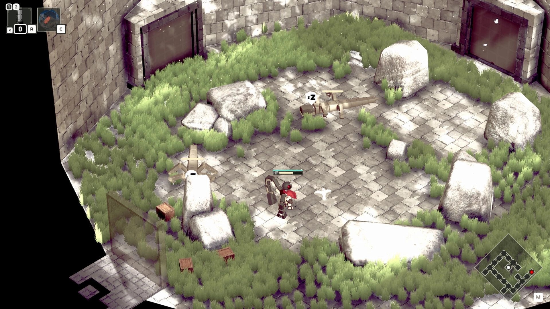 Heaven Crawler: Player navigating grassy courtyard with rocks and sleeping enemies nearby
