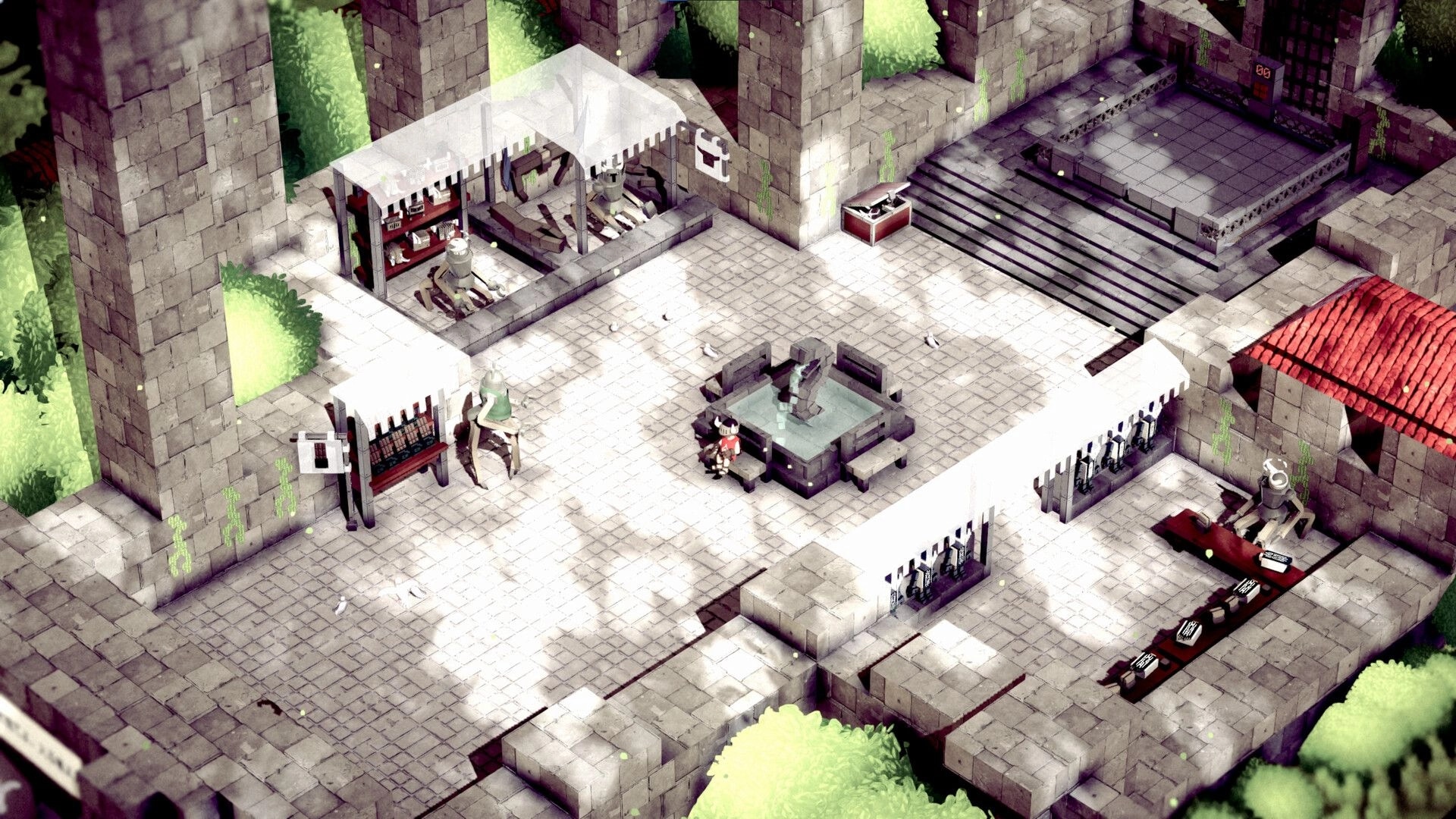 Heaven Crawler: Character explores stone courtyard with market stalls and fountain in the tower grounds