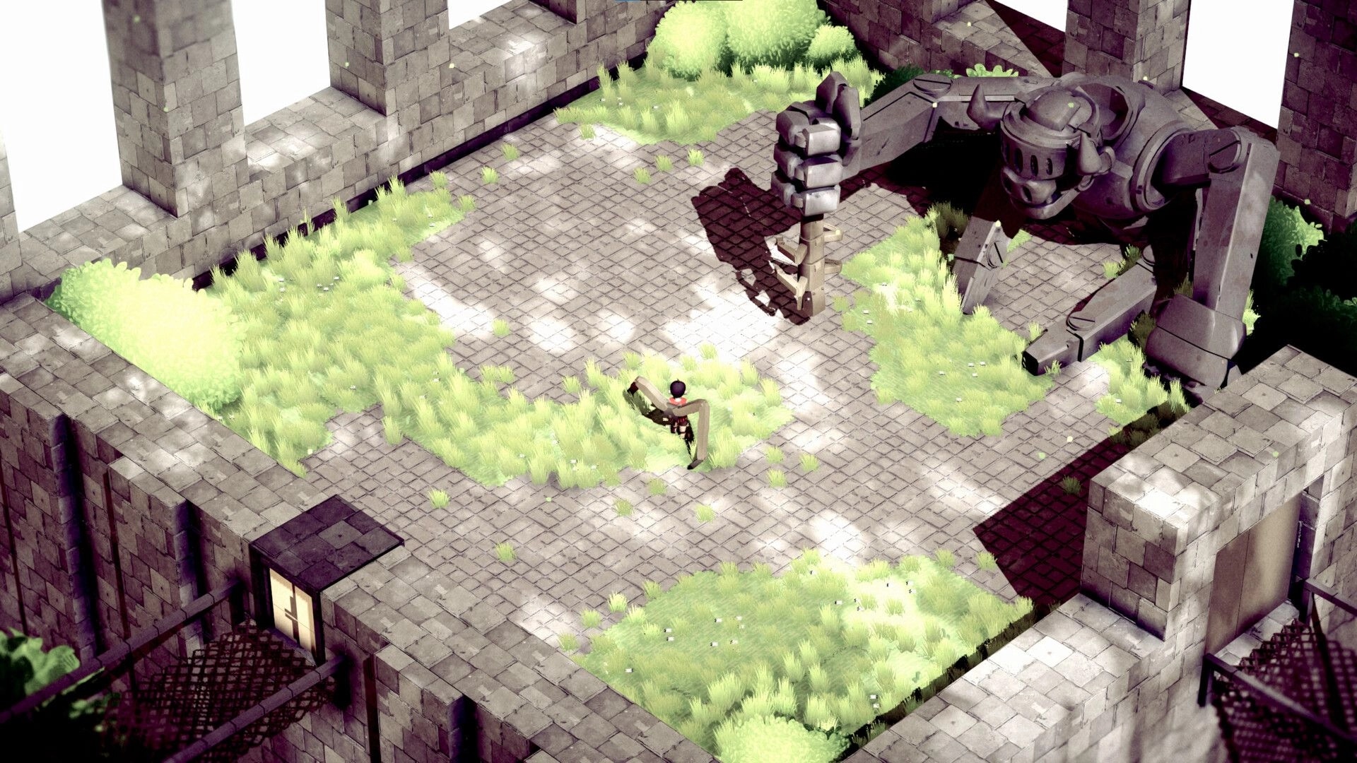 Heaven Crawler: Player faces giant stone golem in overgrown courtyard of The Womb tower ruins