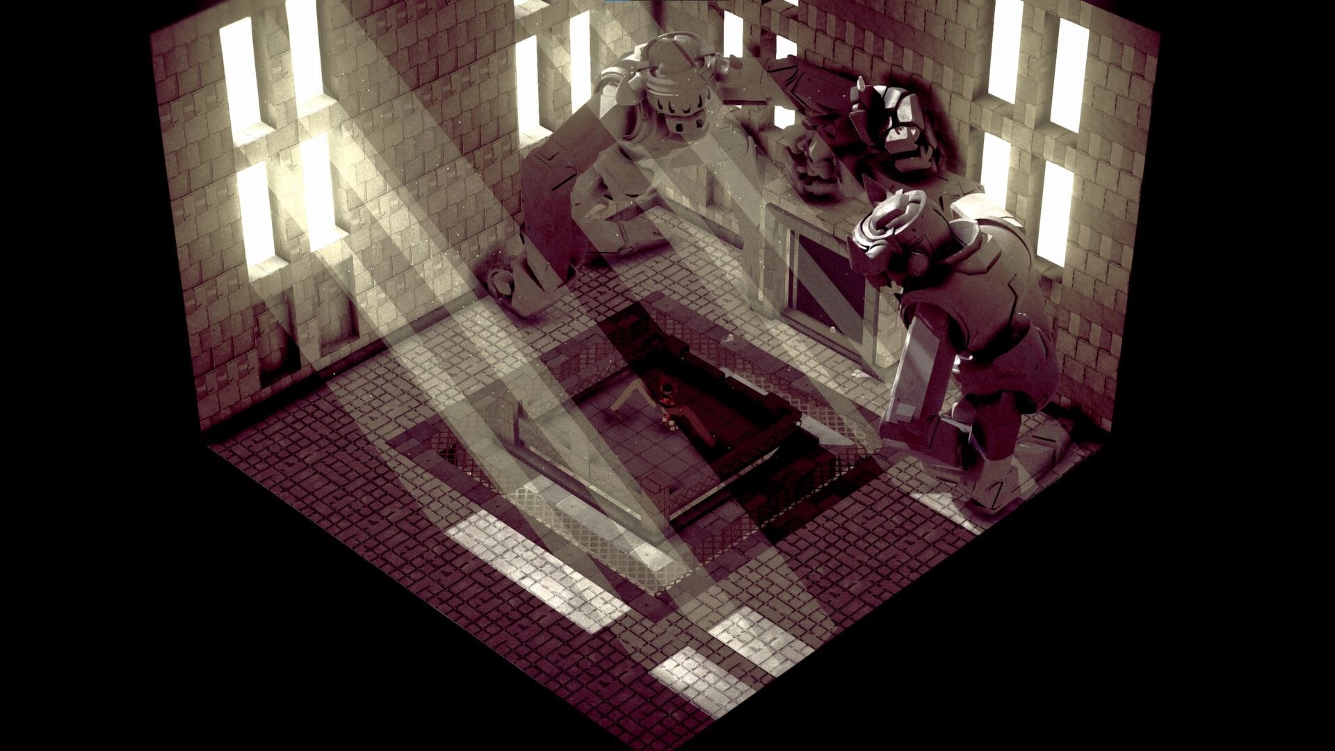 Heaven Crawler: Player explores shadowy room with towering stone statues in dimly lit dungeon setting