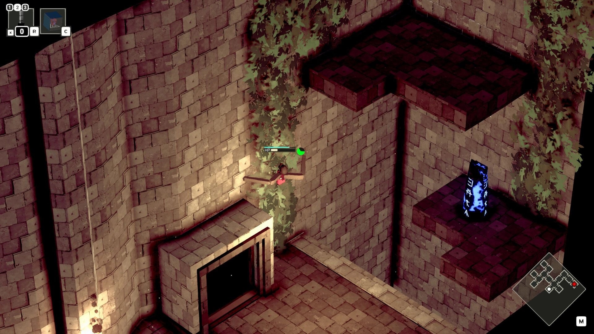 Heaven Crawler: Character climbing vine-covered wall in stone dungeon with glowing blue relic nearby
