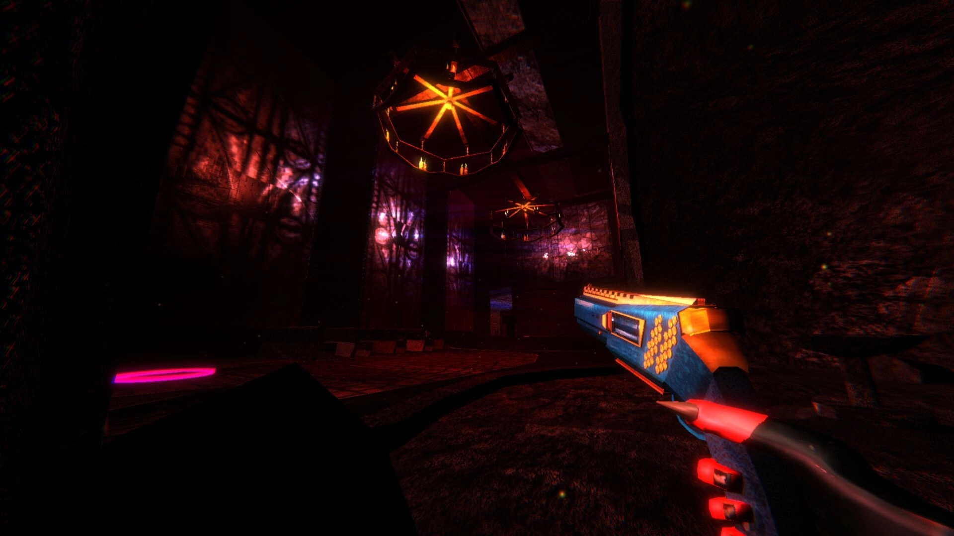 Heavenstrafer: Player holding a glowing gun in dark, eerie chamber lit by red and orange chandeliers.