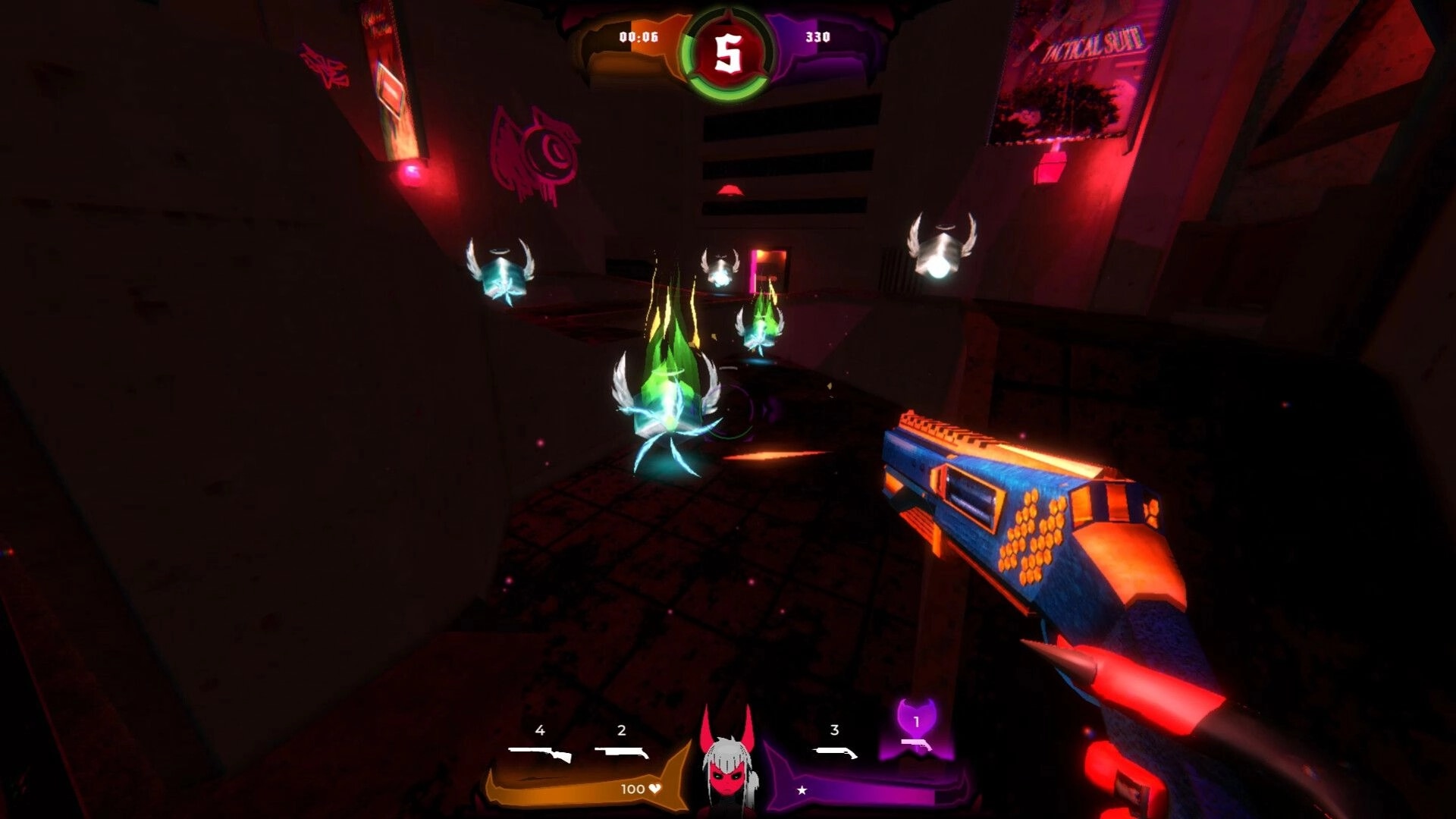 Heavenstrafer: First-person combat with glowing enemies in a dark, neon-lit arena environment