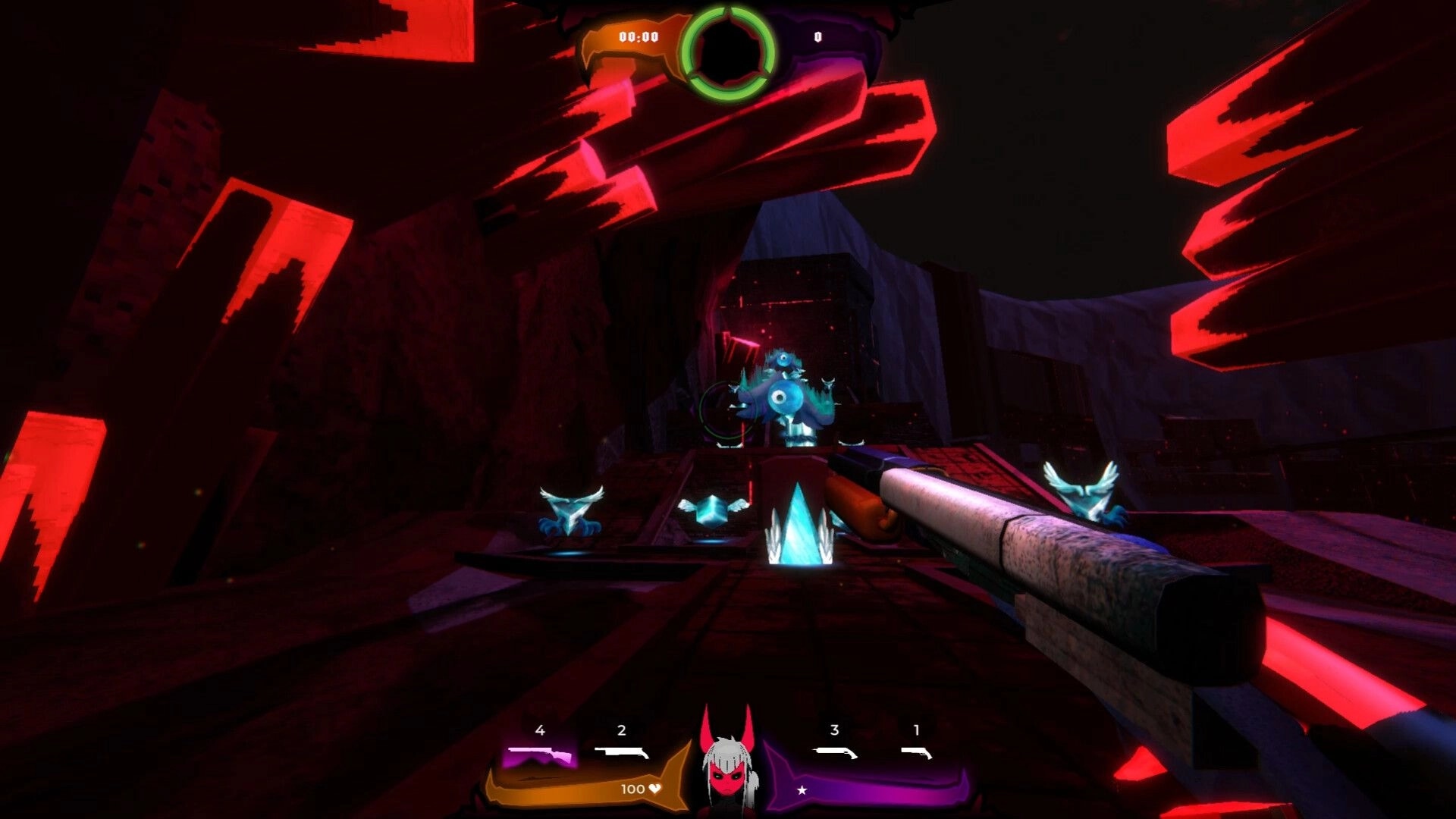 Heavenstrafer: First-person view aiming at glowing enemies in a dark, red-lit cavern environment.