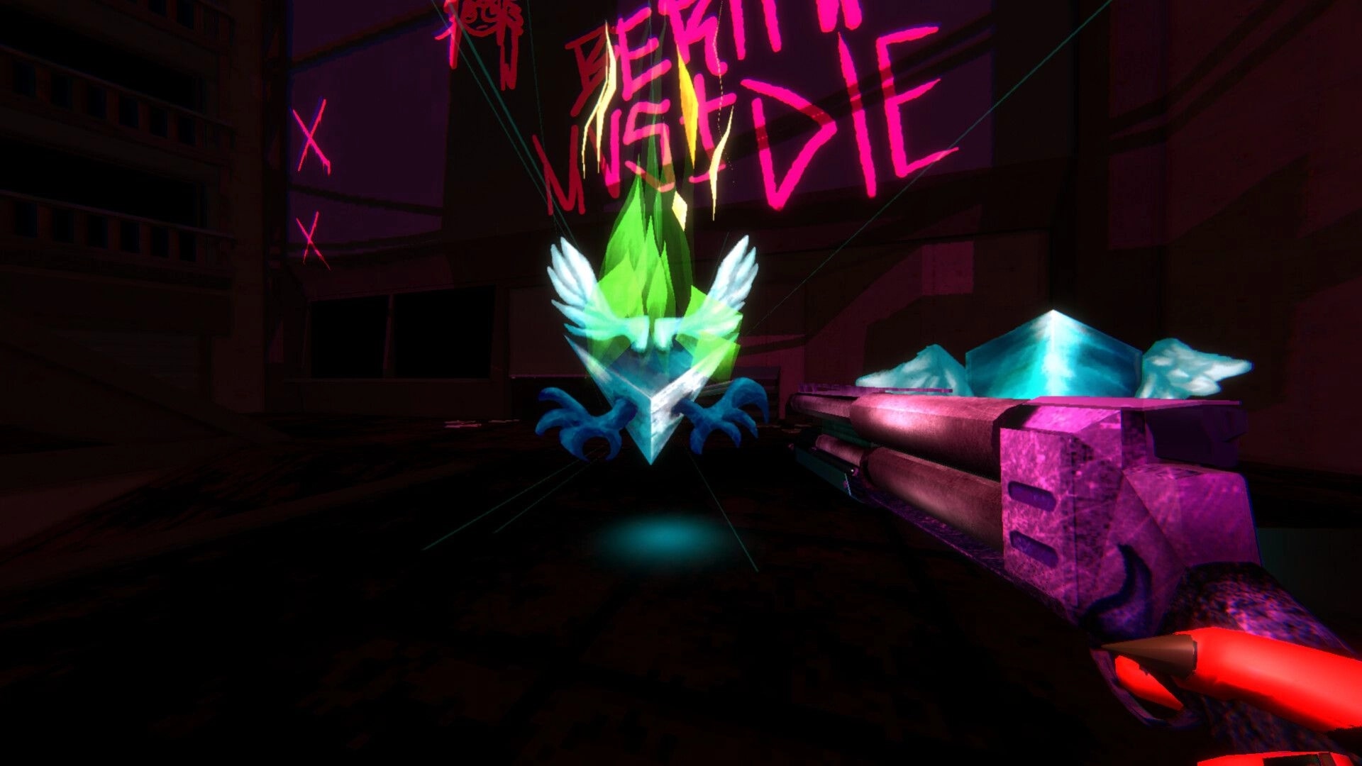 Heavenstrafer: Player aiming weapon at glowing green angel amidst neon graffiti in dark, ominous arena.
